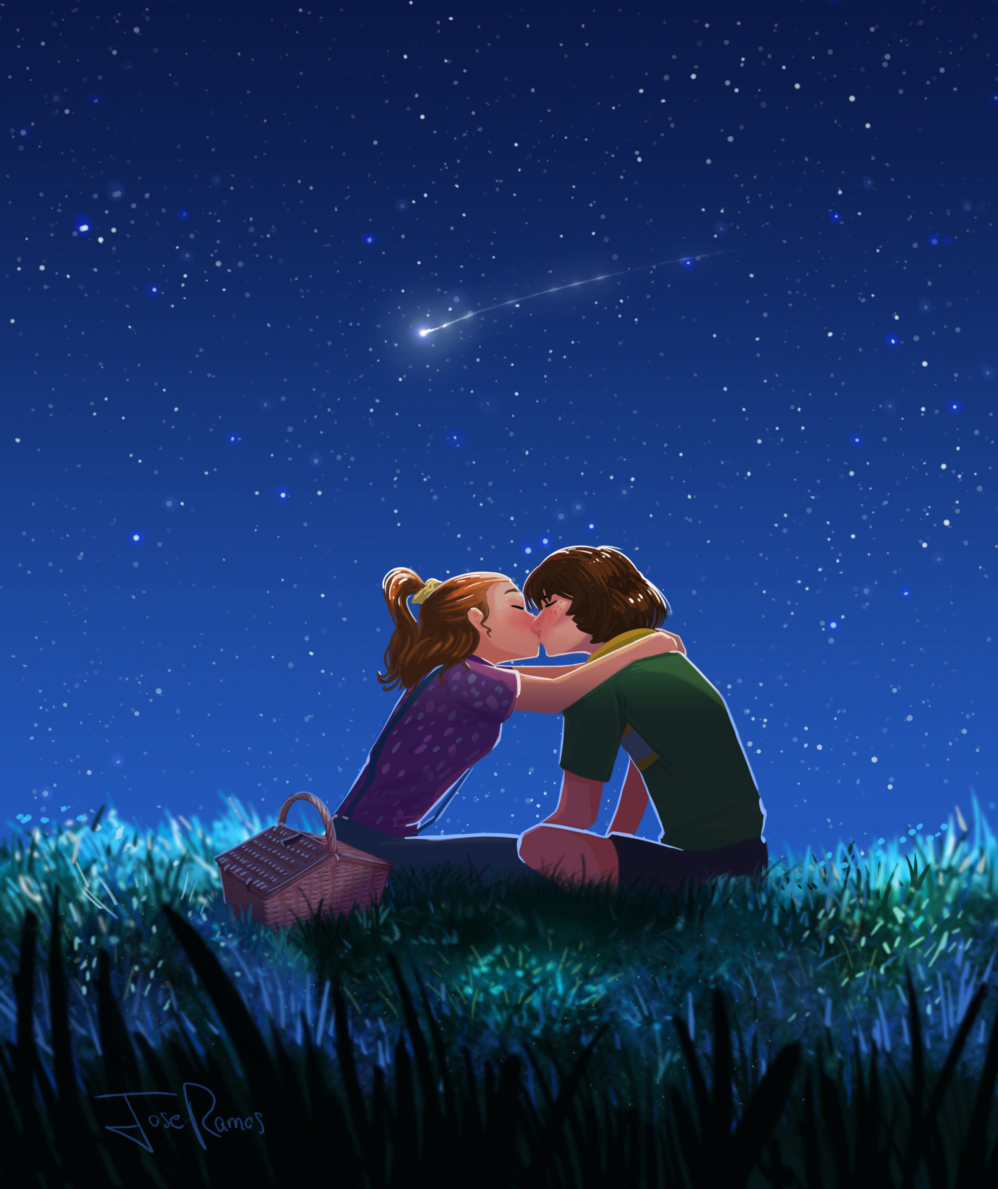 art, romance, couple, pair, kiss, love, starry sky