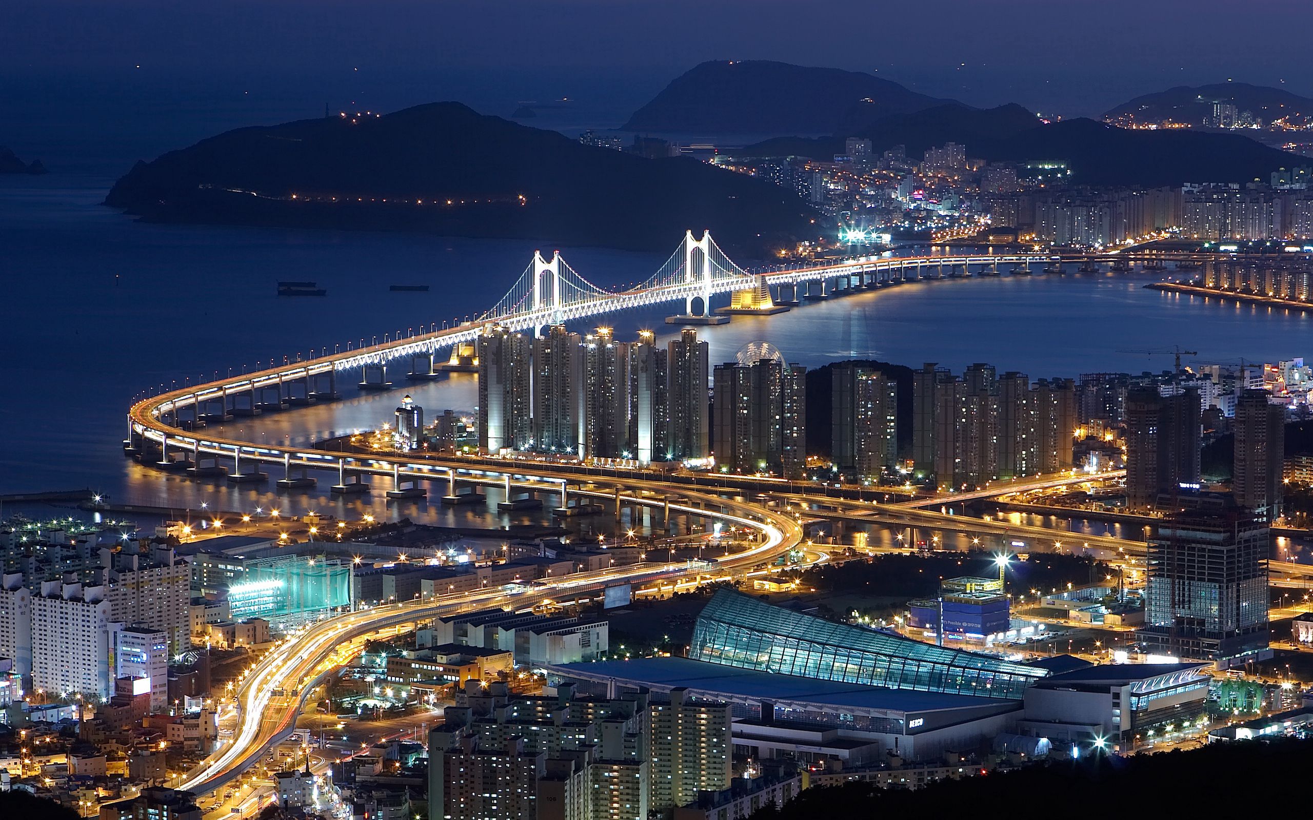 hdr, night, south korea, busan, cities, view from above, bridge