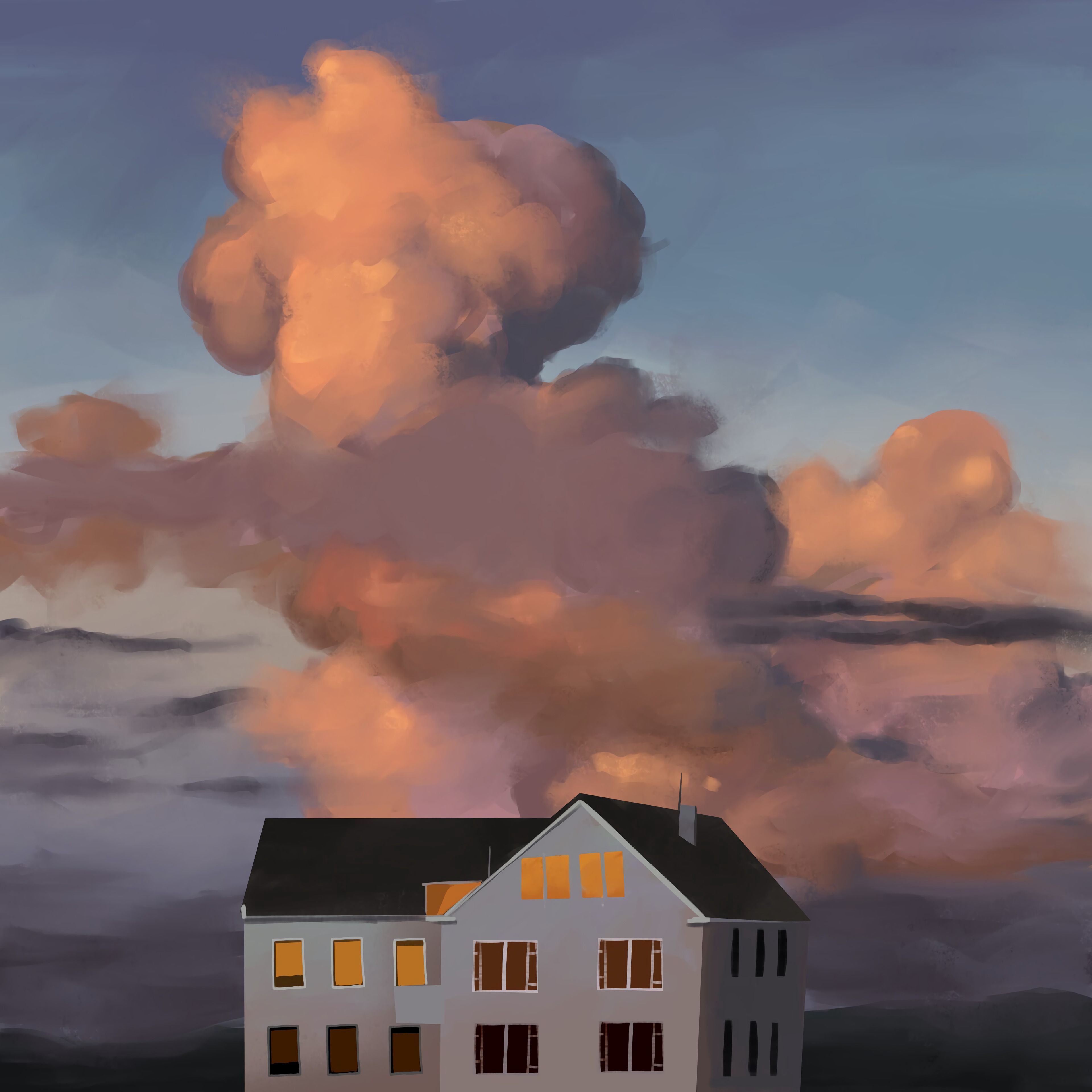 Download mobile wallpaper Painting, Building, Clouds, House, Art for free.