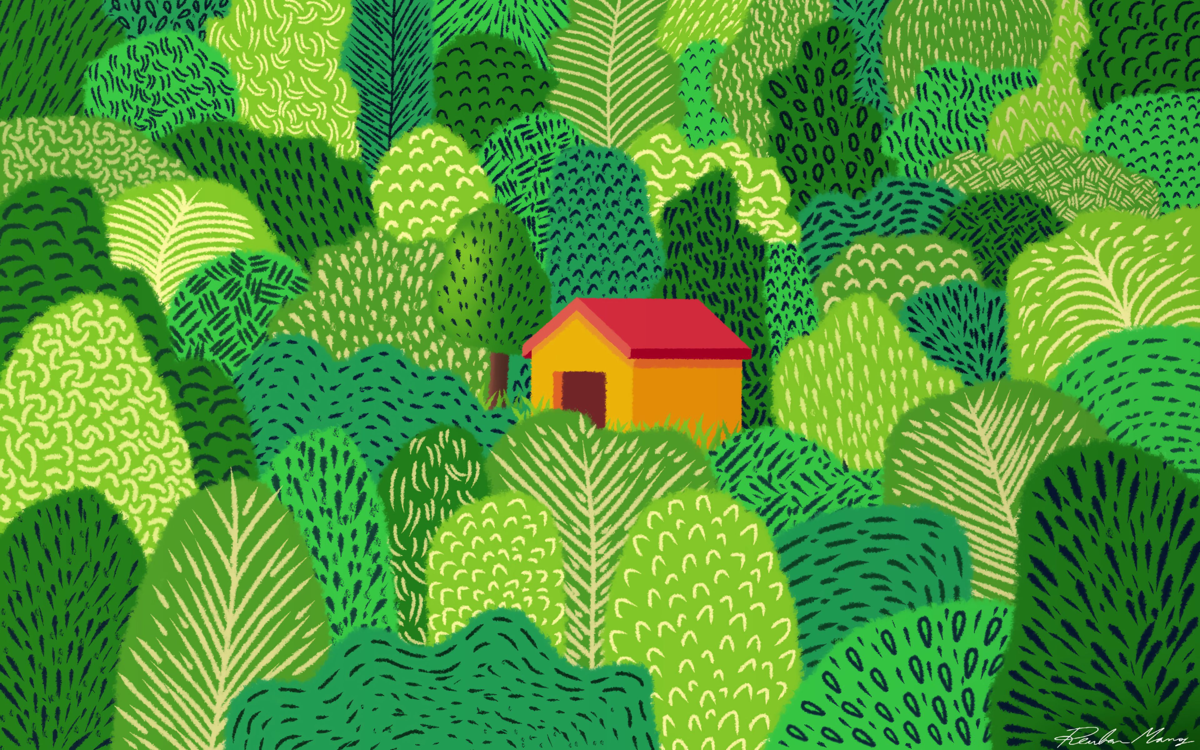 PCデスクトップに木, 小さな家, 森林, 森, 泊める, アート画像を無料でダウンロード