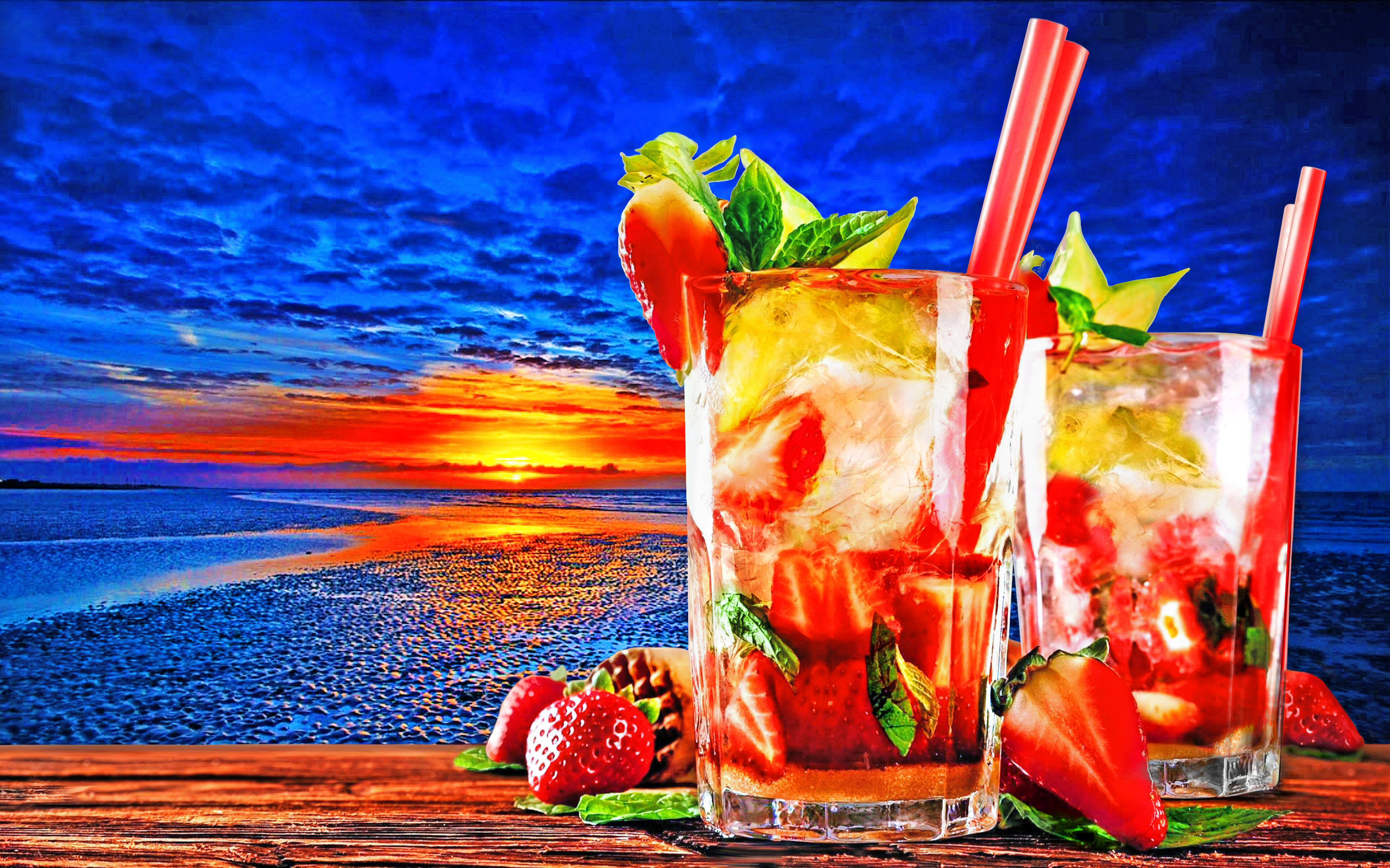 684733 Hintergrundbild herunterladen cocktail, nahrungsmittel, bunt, glas, horizont, sonnenuntergang, tropisch - Bildschirmschoner und Bilder kostenlos