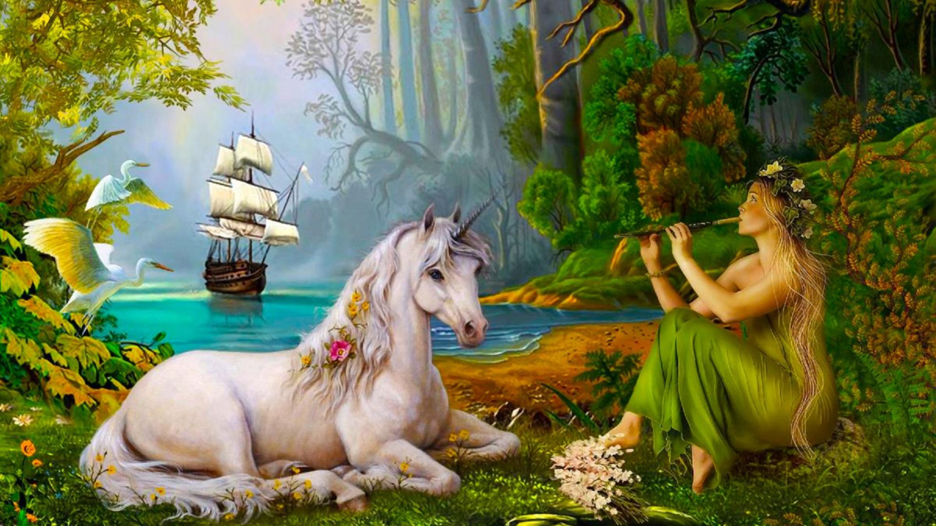 unicorn, sailboat, fantasy, bird, boat, flute, forest, ship, fantasy animals