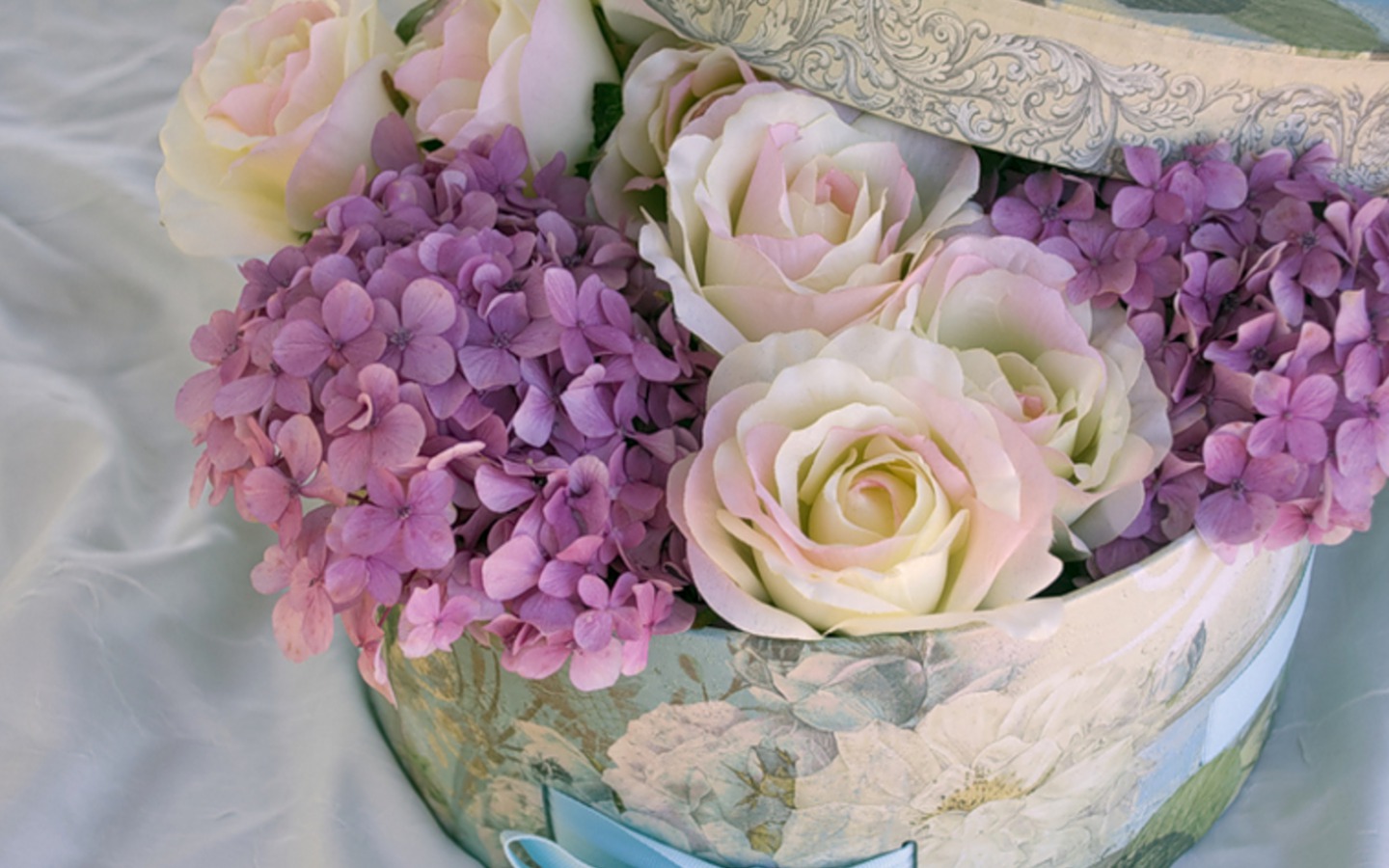 man made, flower, box, hydrangea, purple flower, rose, white flower