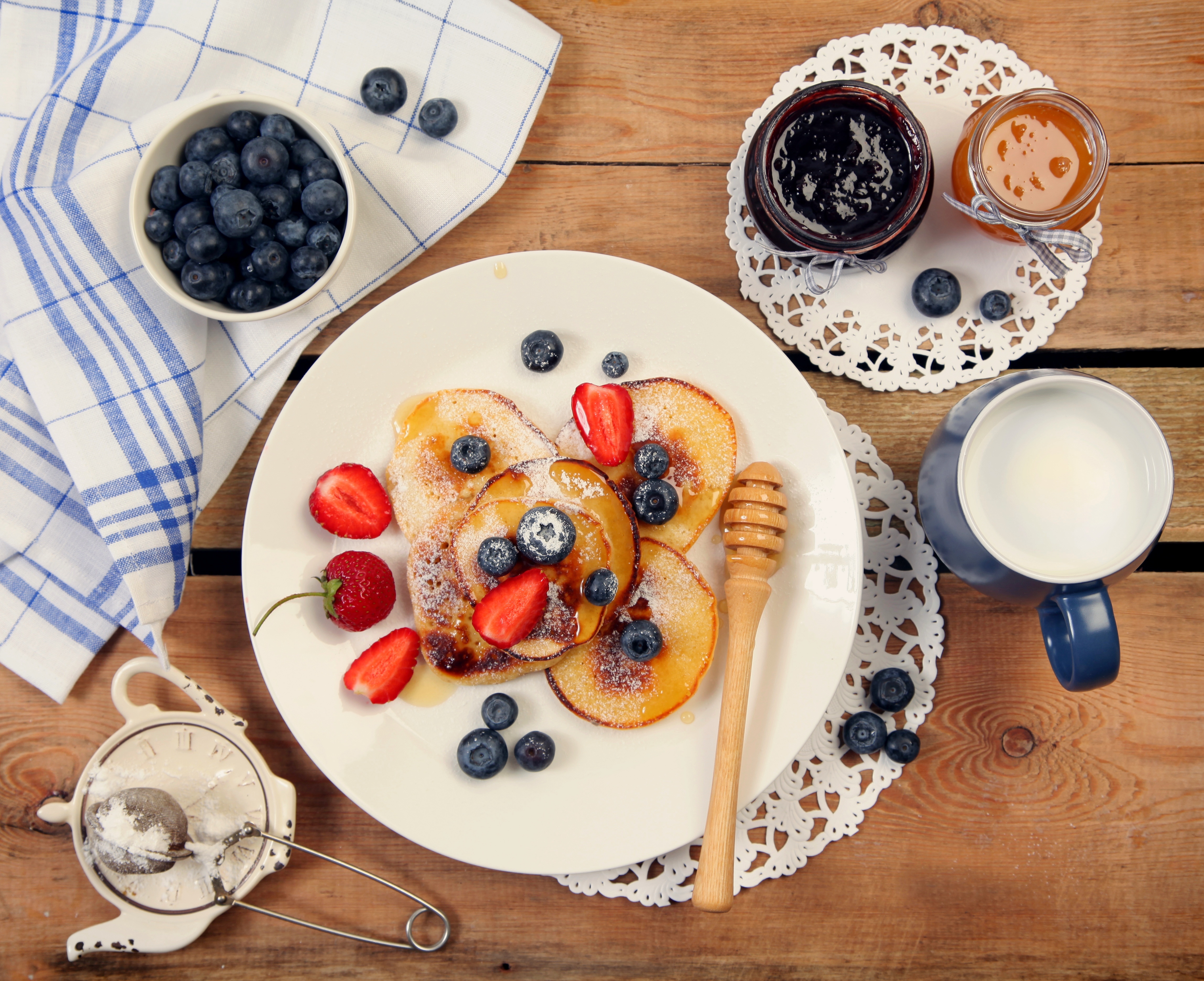 food, pancake, blueberry, breakfast, jam, milk, strawberry