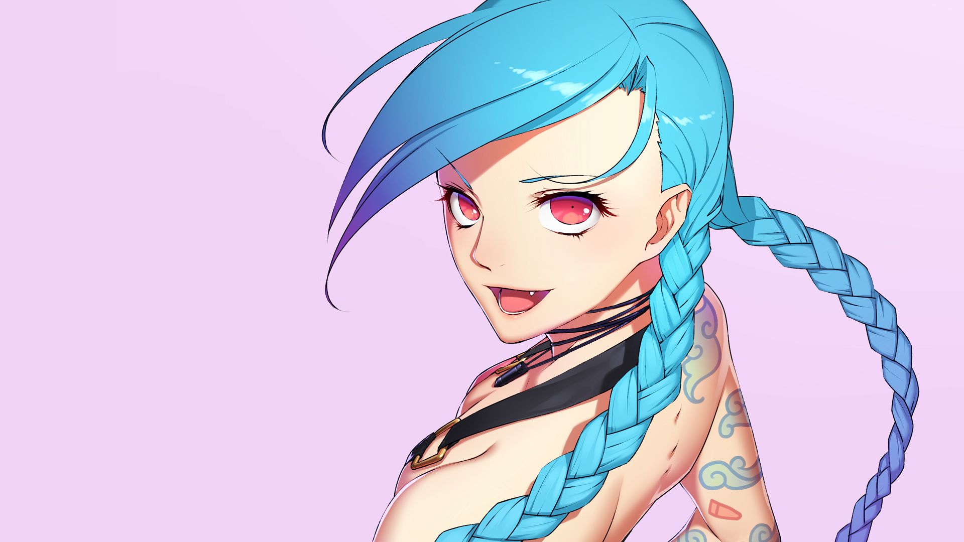 video game, league of legends, blue hair, braid, jinx (league of legends), long hair, necklace, red eyes, smile, tattoo UHD