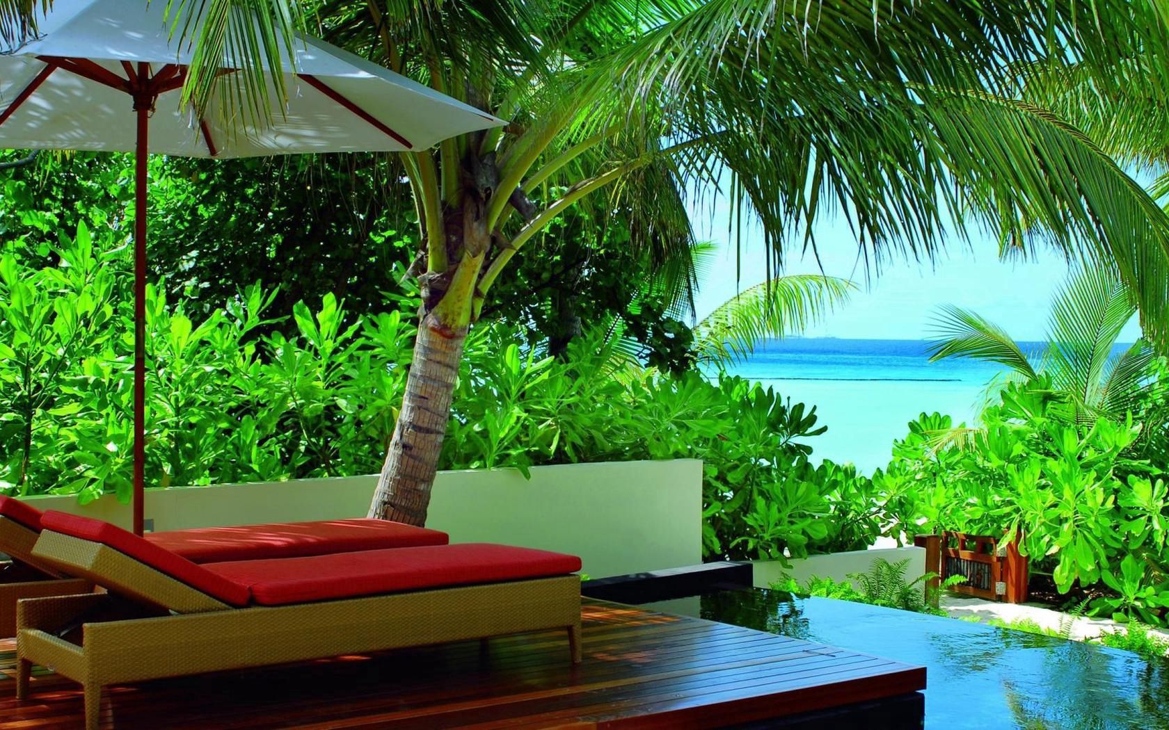 resort, maldives, nature, palms, vegetation, greens, tropics, sun lounger, deck chair, chairs, armchairs