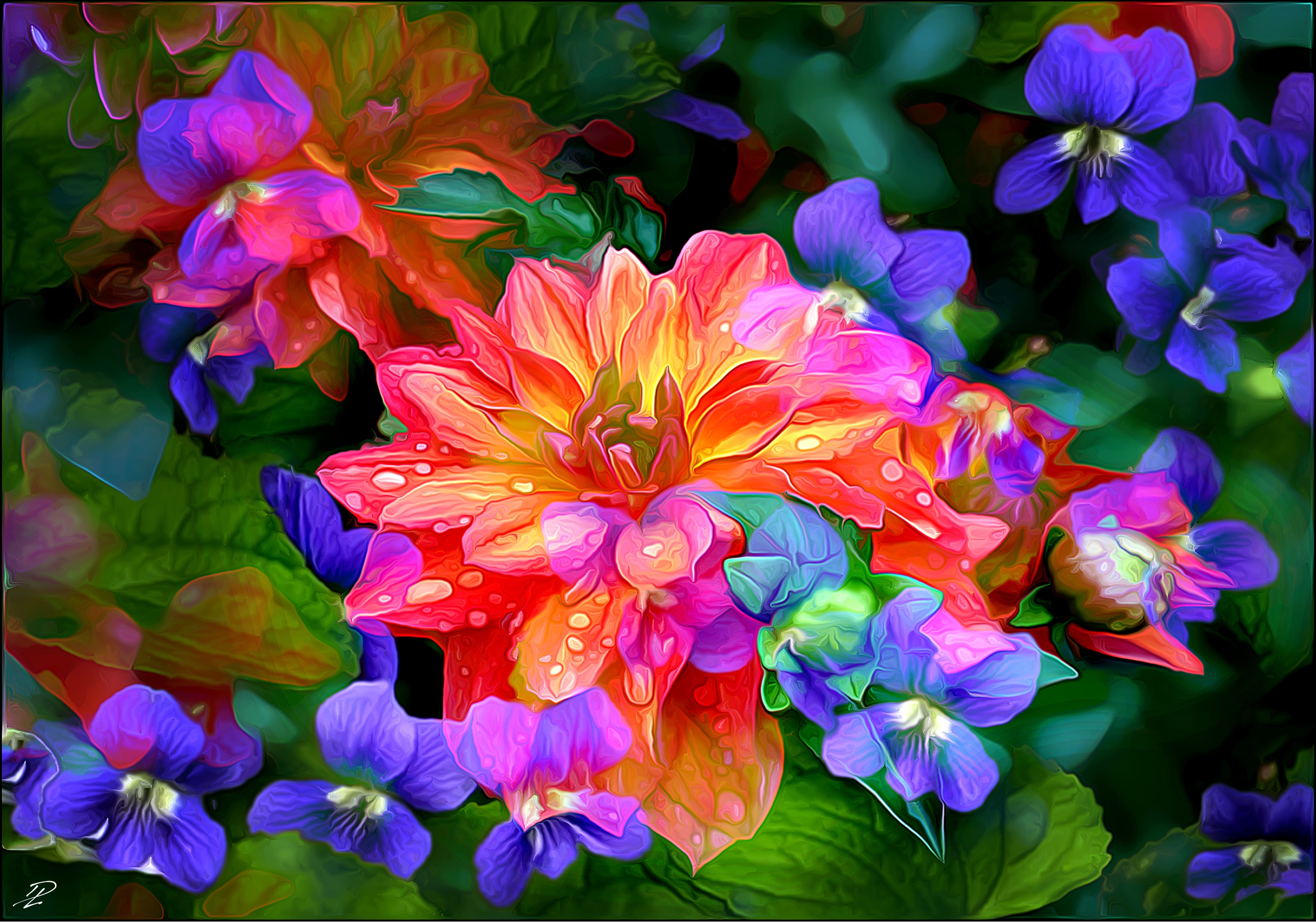 colorful, flower, dahlia, painting, artistic, colors