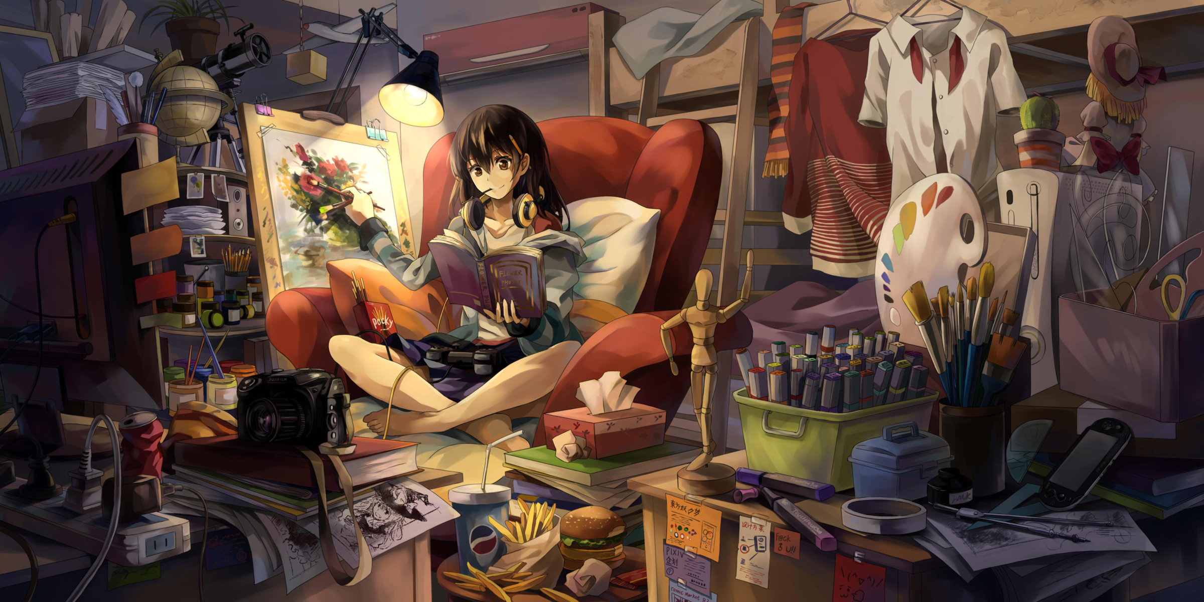 girl, lamp, headphones, anime, book, easel, room cellphone
