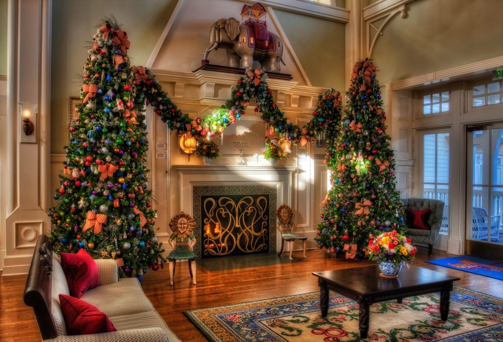 holidays, coziness, decorations, interior, holiday, house, comfort, fireplace, christmas trees