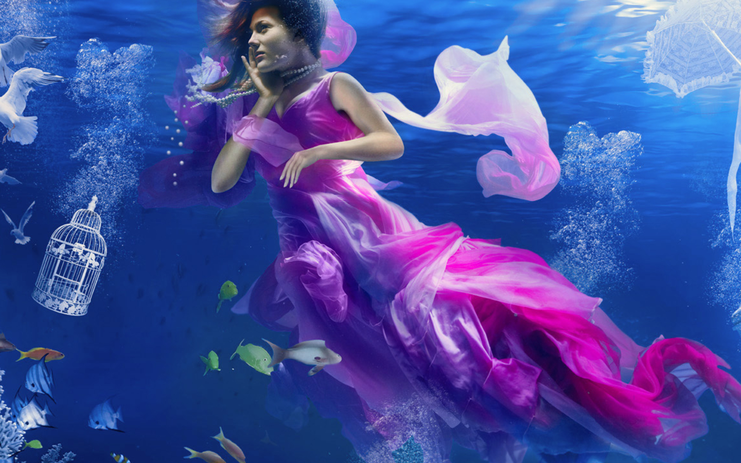 fantasy, women, cage, fish, model, underwater phone background
