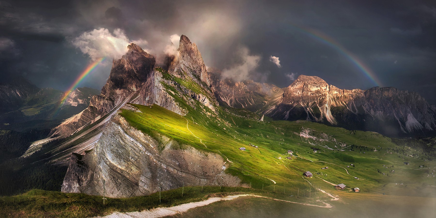 fog, earth, rainbow, cloud, house, mountain, peak Full HD