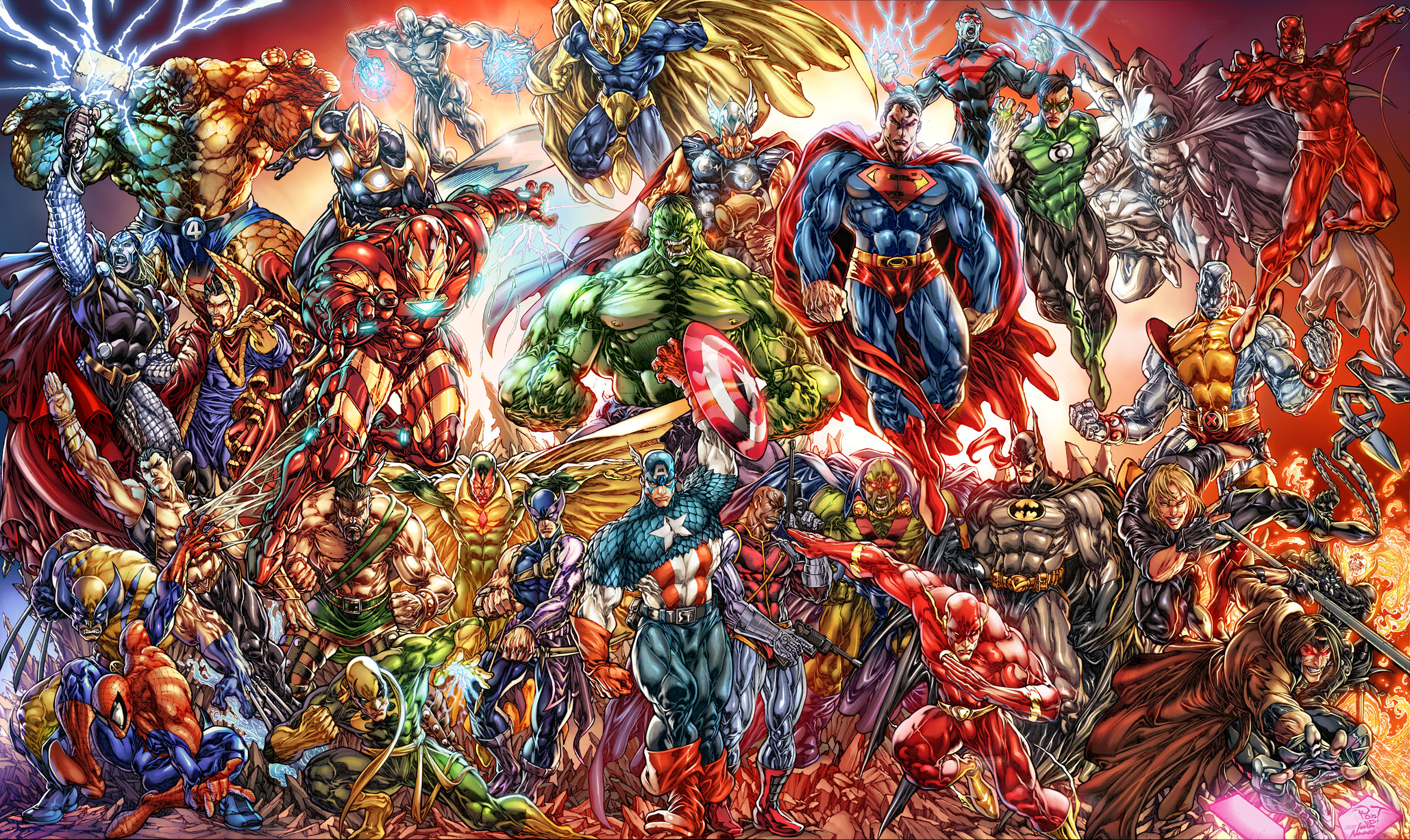 batman, superman, vision (marvel comics), comics, hulk, spider man, collage, dc comics, daredevil, ghost rider, iron man, thor, hal jordan, martian manhunter, barry allen, wolverine, ben grimm, beta ray bill, captain america, clint barton, colossus, danny rand, deathlok, doctor fate (dc comics), doctor strange, flash, gambit (marvel comics), green lantern, hawkeye, hercules (marvel comics), iron fist (marvel comics), j'onn j'onzz, longshot (marvel comics), moon knight, namor the sub mariner, nightwing, nova (marvel comics), peter parker, silver surfer, sub mariner, thing (marvel comics), wonder man
