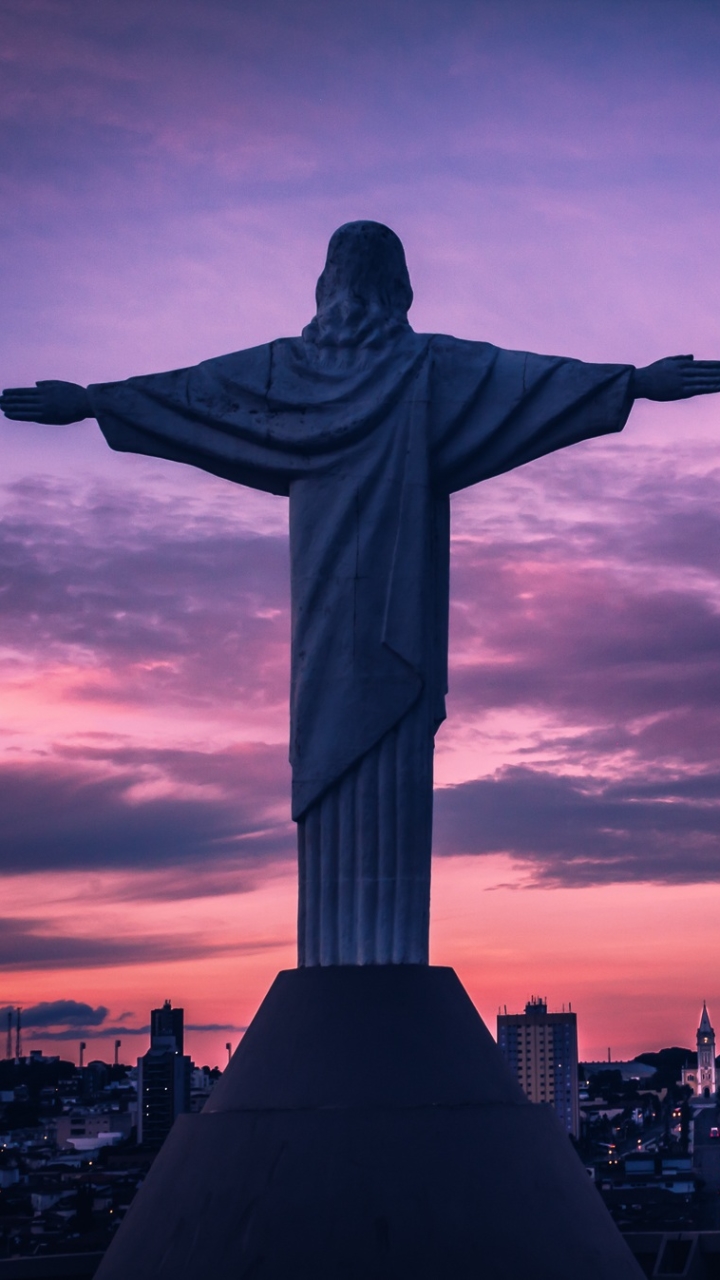 Download mobile wallpaper Jesus, Sunrise, Statue, Rio De Janeiro, Brazil, Religious, Christ The Redeemer for free.