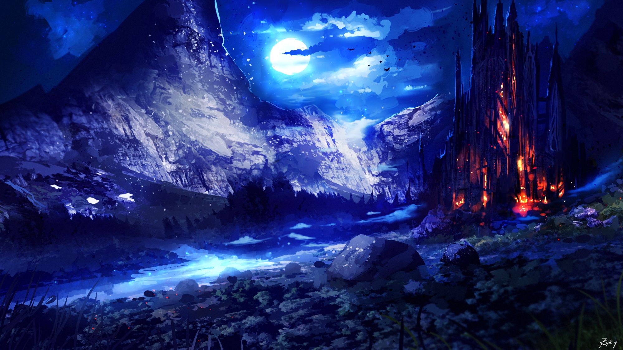 Free download wallpaper Landscape, Fantasy, Night, Moon, Building, Mountain on your PC desktop