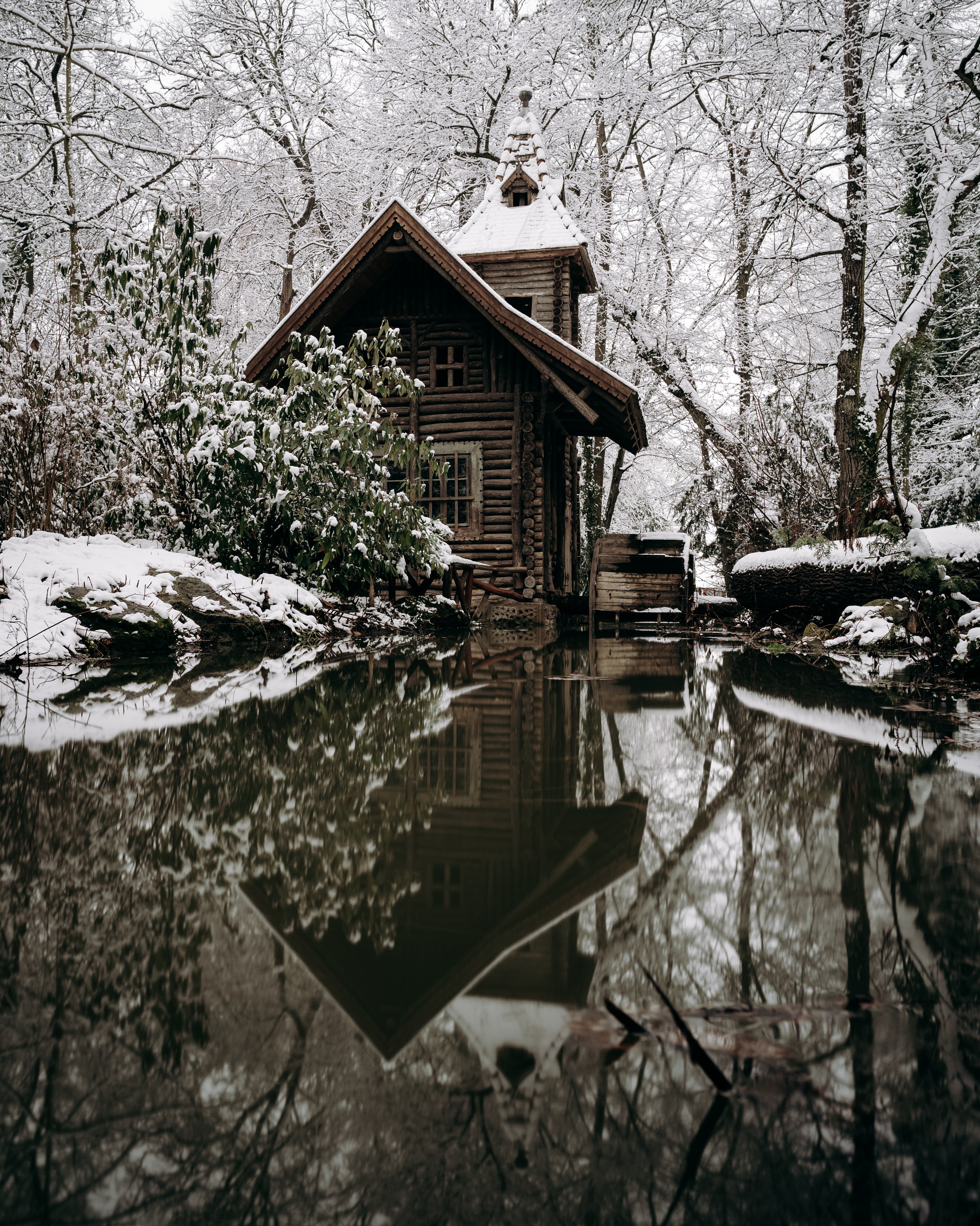 winter, snow, nature, rivers, lodge, small house 2160p