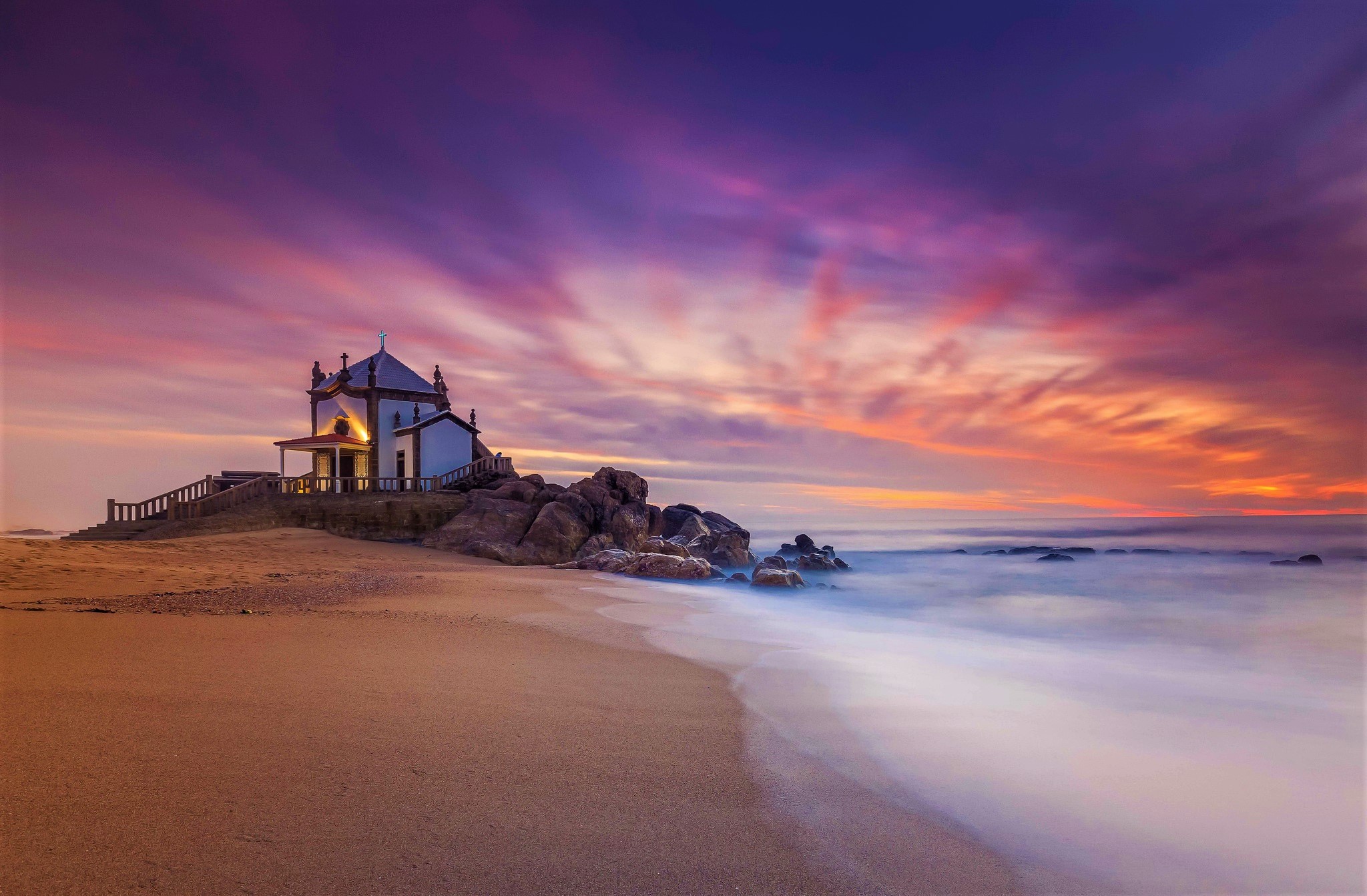 beach, religious, chapel, horizon, house, ocean, portugal, sea, sunset phone background