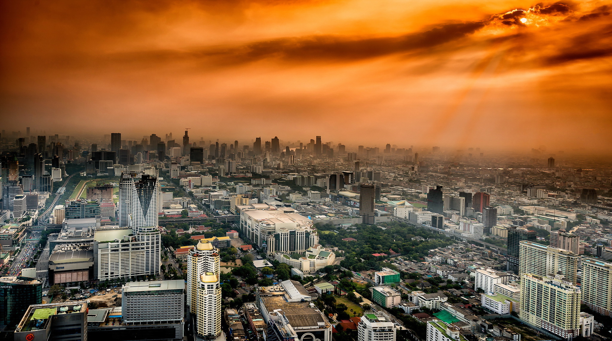 Download mobile wallpaper Cities, City, Building, Horizon, Cityscape, Thailand, Aerial, Bangkok, Sunbeam, Man Made for free.