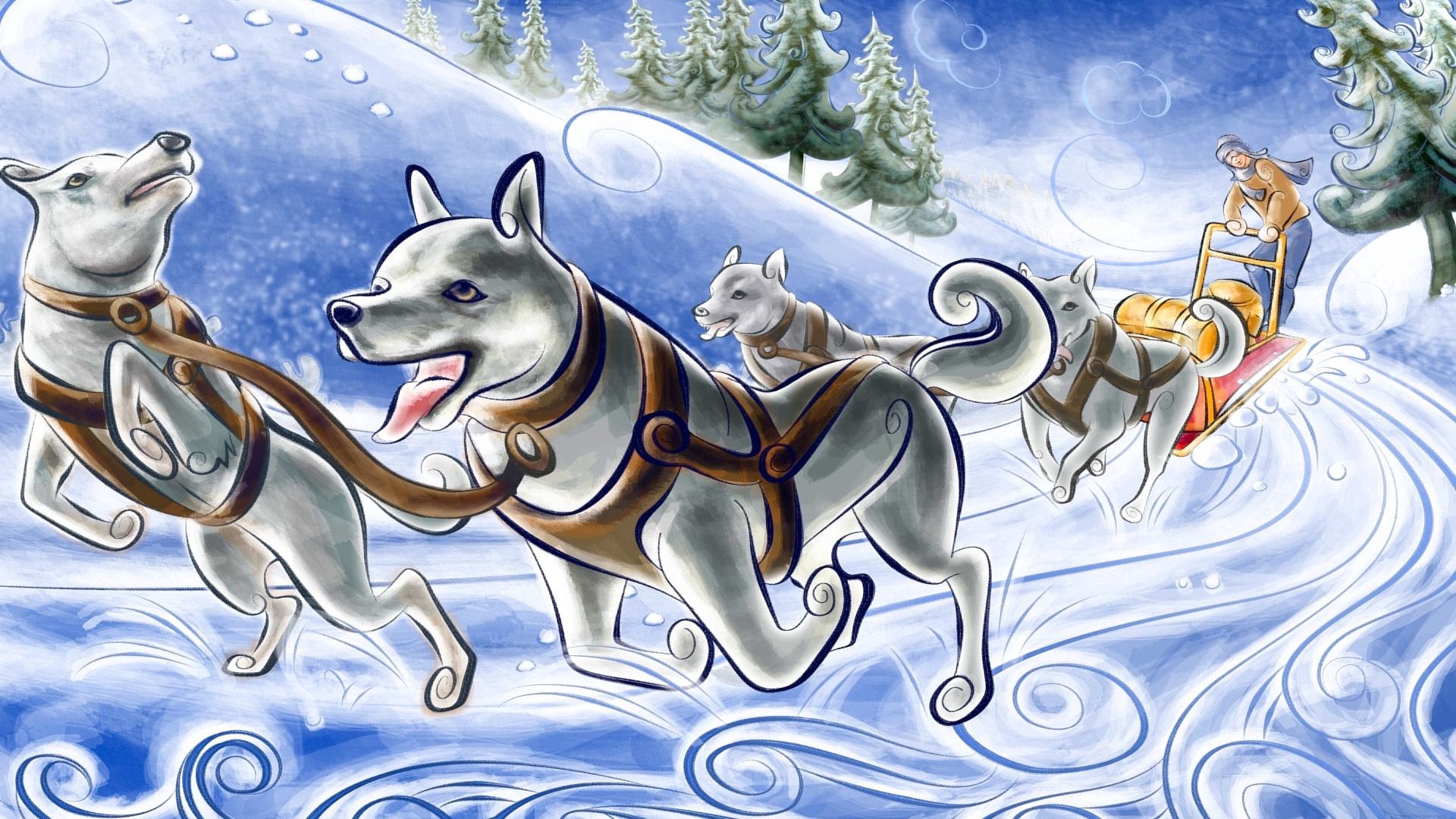 120620 завантажити шпалери собаки, арт, сніг, малюнок, креслення, упряжка, команда, віз, біг - заставки і картинки безкоштовно