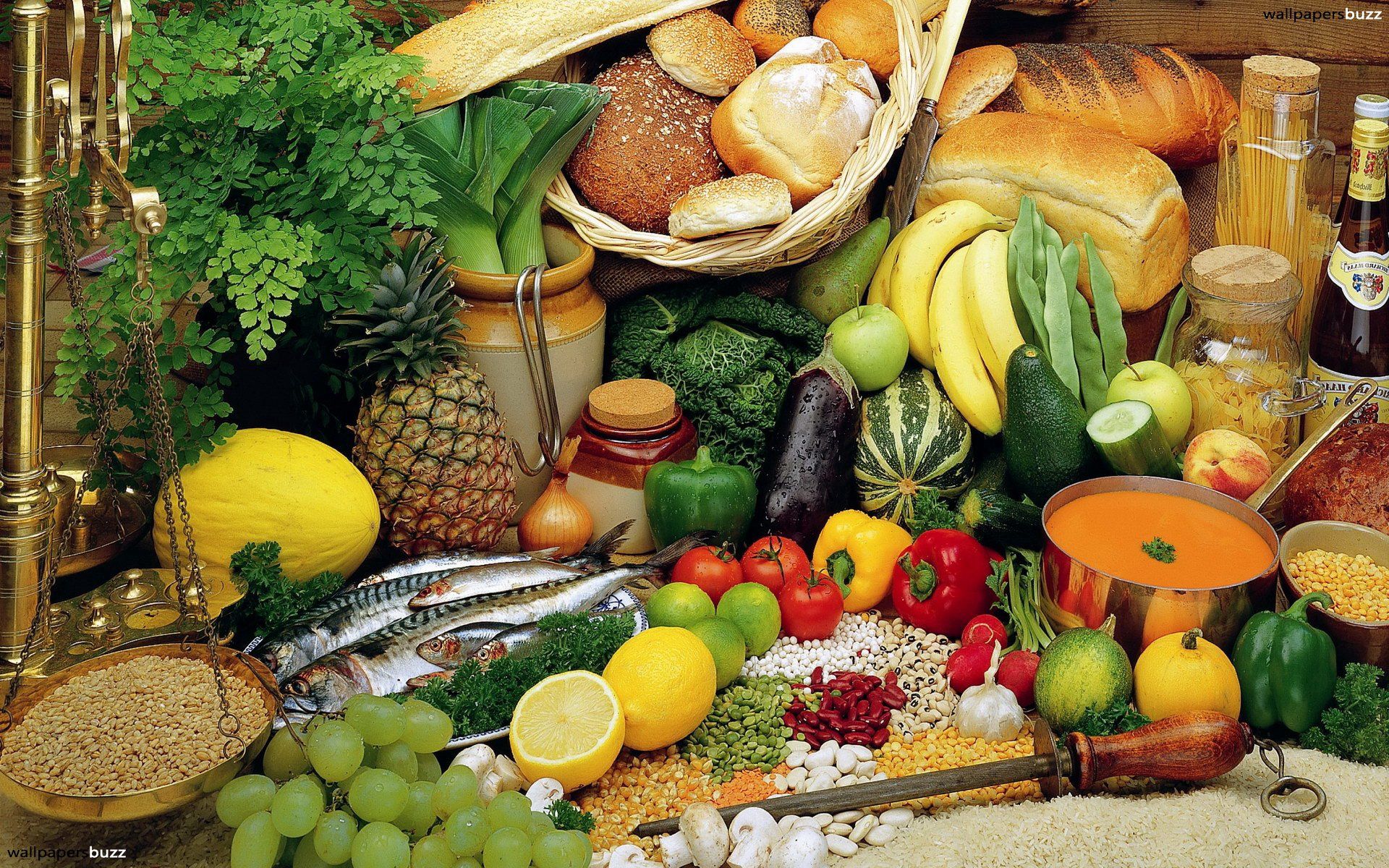 fruits, food, vegetables, fish, assorted, bread, cereals 4K Ultra