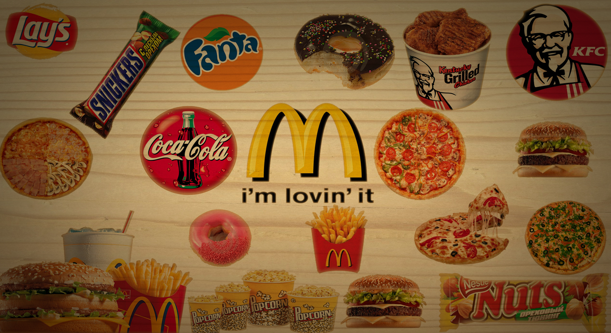 food, artistic, chicken, chocolate, doughnut, french fries, hamburger, pizza, popcorn, soda