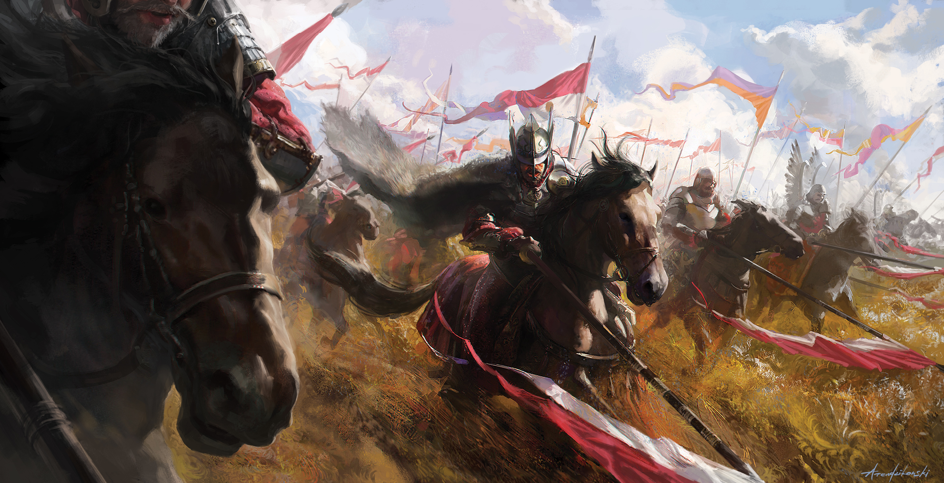 Download mobile wallpaper Fantasy, Warrior, Horse, Battle, Spear, Banner for free.