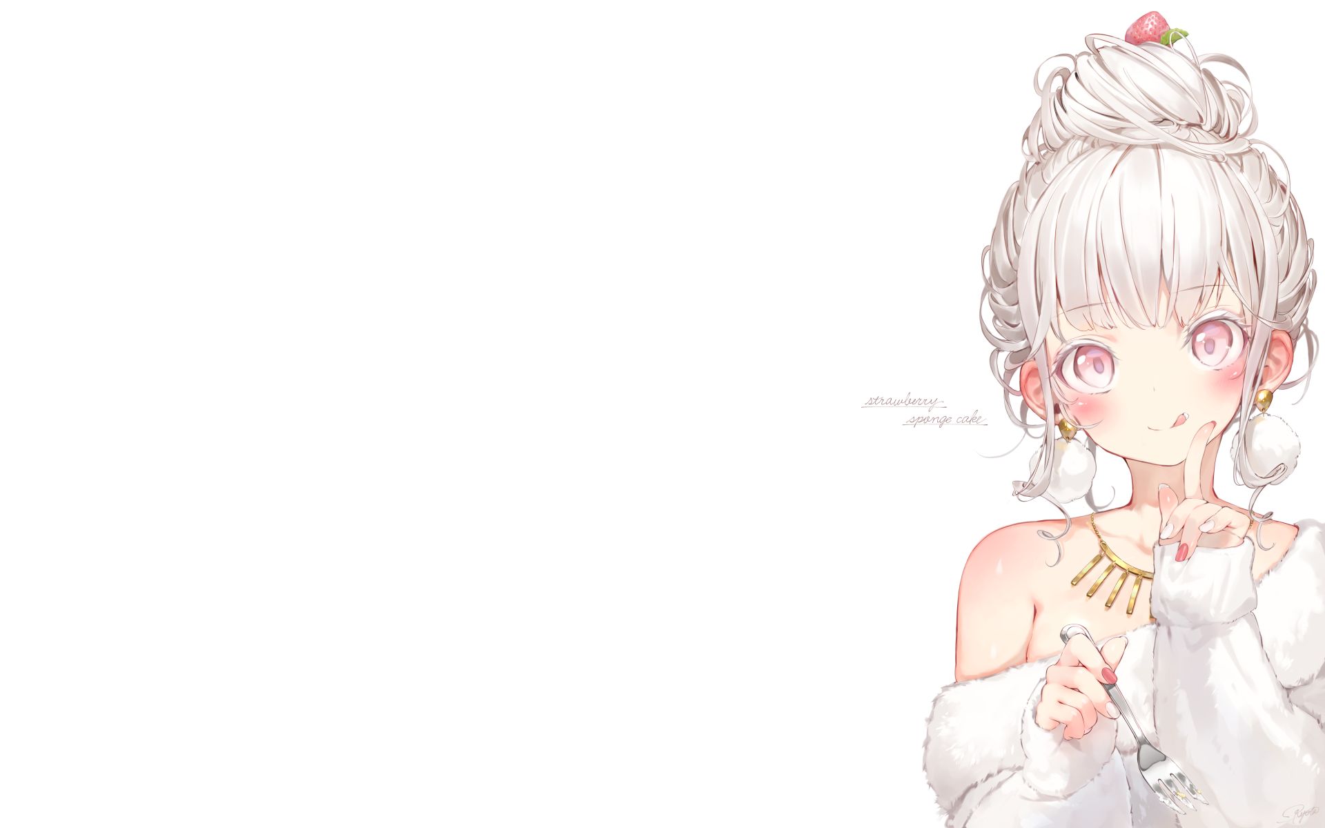 1920 x 1080 picture anime, original, blush, earrings, fork, necklace, pink eyes, strawberry, white hair