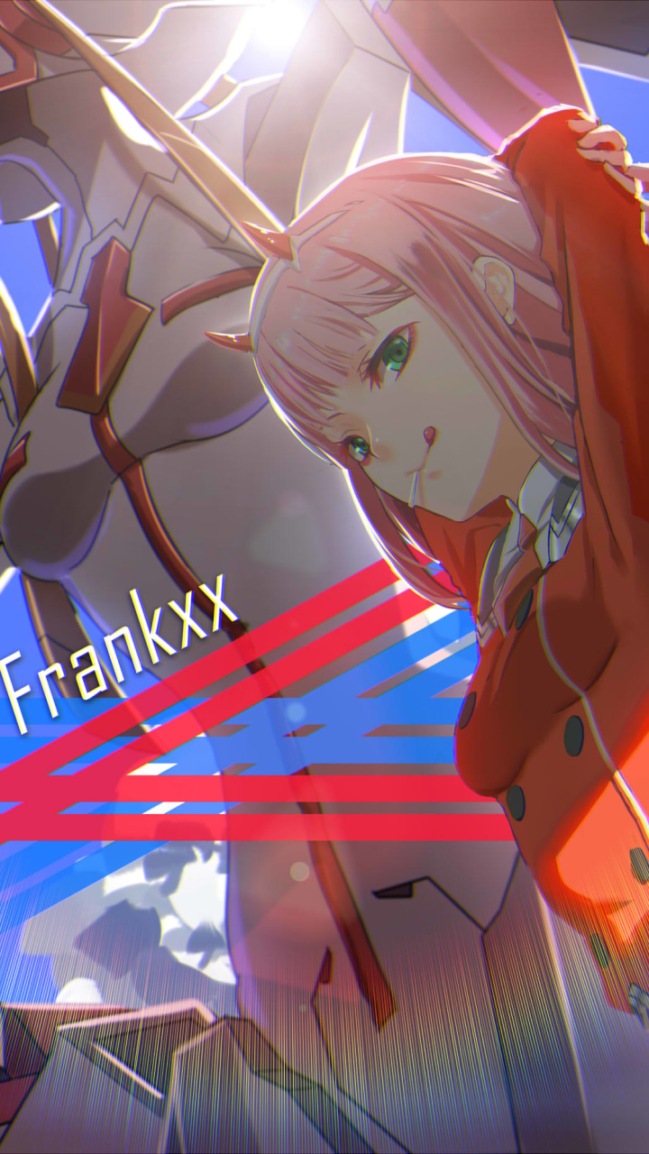 anime, darling in the franxx, robot, smile, pink hair, horns, tongue, sunbeam, sunbean, long hair, uniform, green eyes, zero two (darling in the franxx) Phone Background