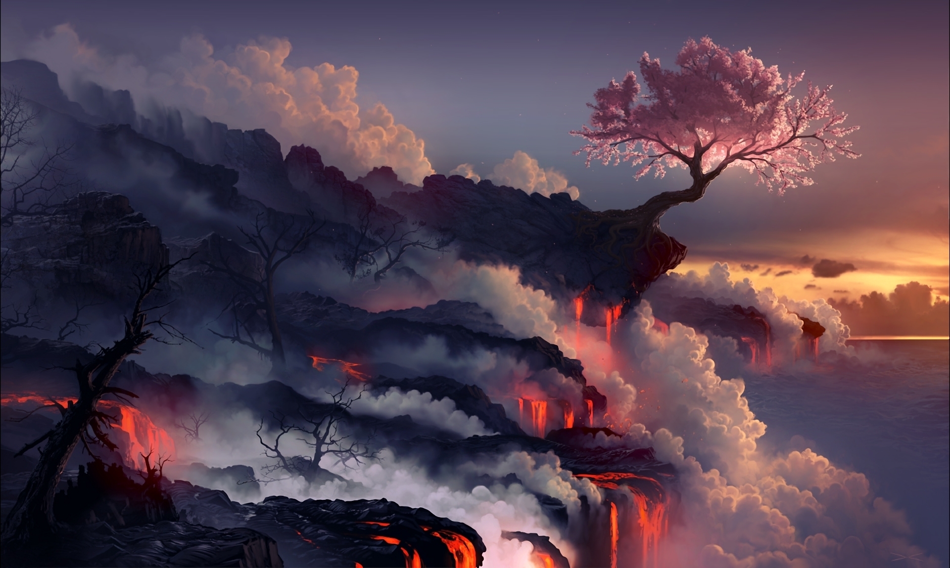 72068 Hintergrundbild herunterladen ausbruch, holz, sakura, natur, baum, vulkan, lava, eruption - Bildschirmschoner und Bilder kostenlos