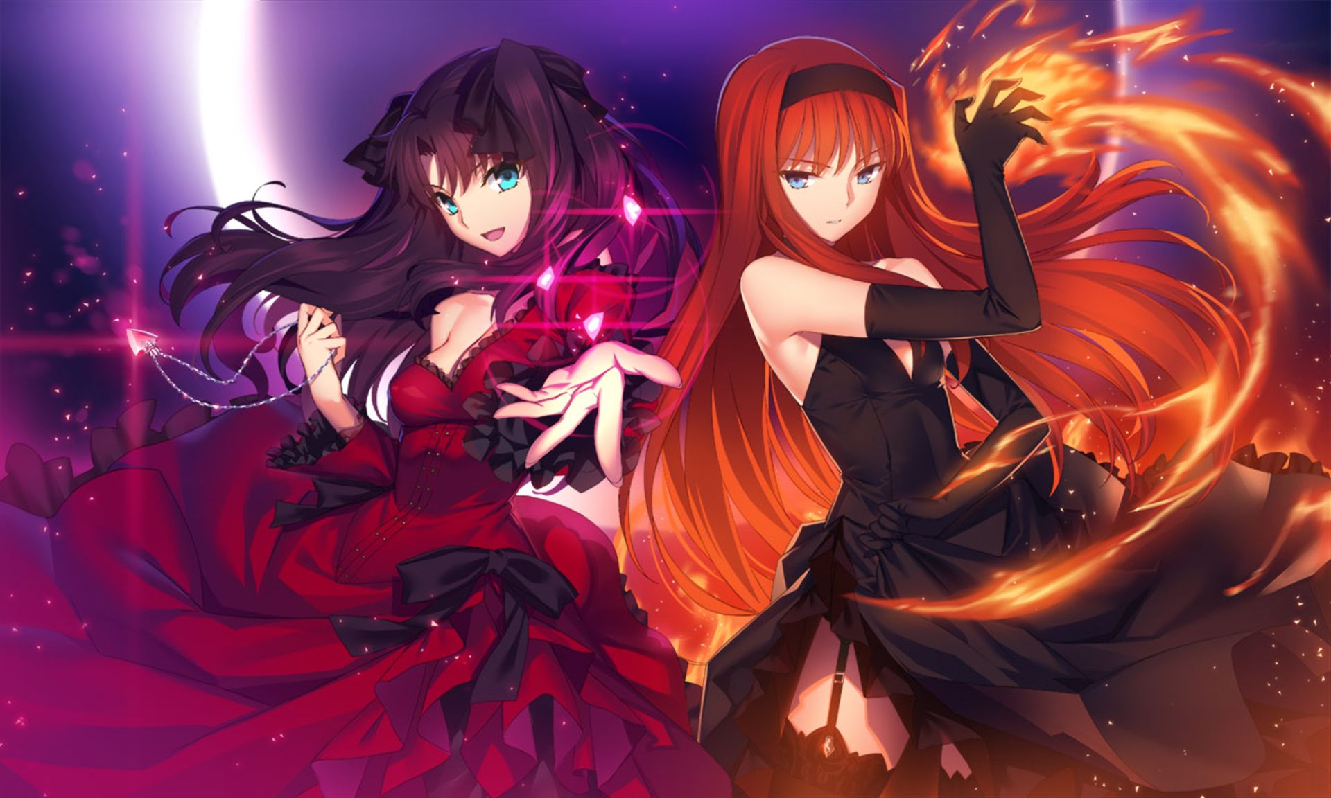 HD wallpaper anime, fate/stay night, black dress, flame, red dress, rin tohsaka, fate series