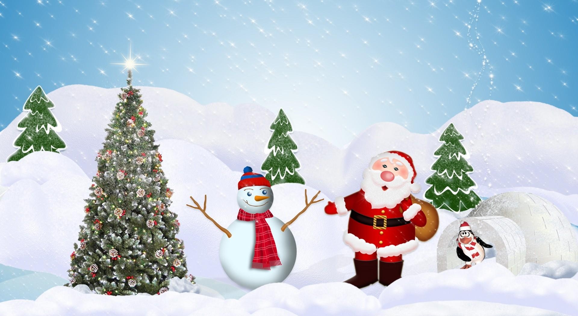 135061 Hintergrundbild herunterladen weihnachtsmann, neujahr, weihnachtsbaum, feiertage, winter, schnee, schneemann, neues jahr, pinguin - Bildschirmschoner und Bilder kostenlos