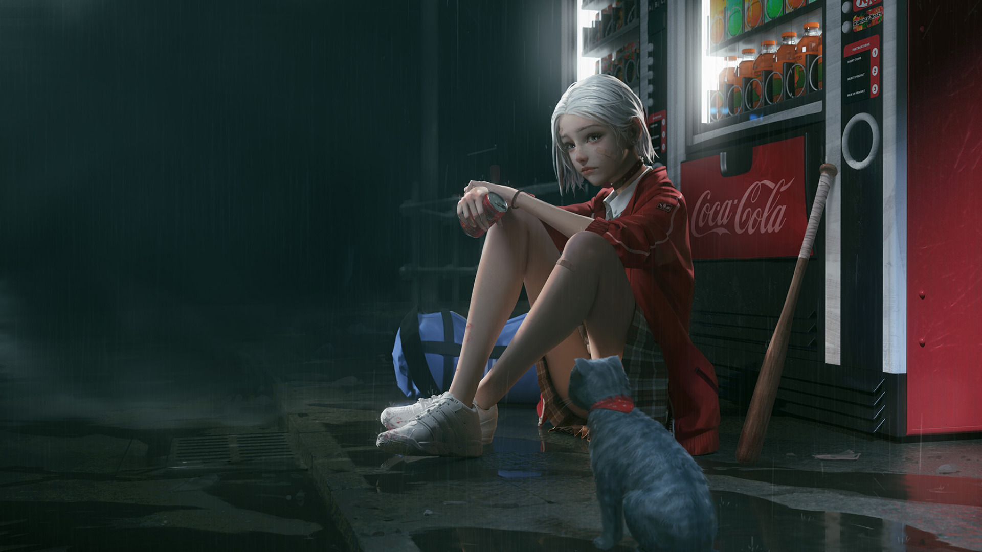 coca cola, anime, original, baseball bat, cat, collar, drink, skirt, white hair lock screen backgrounds