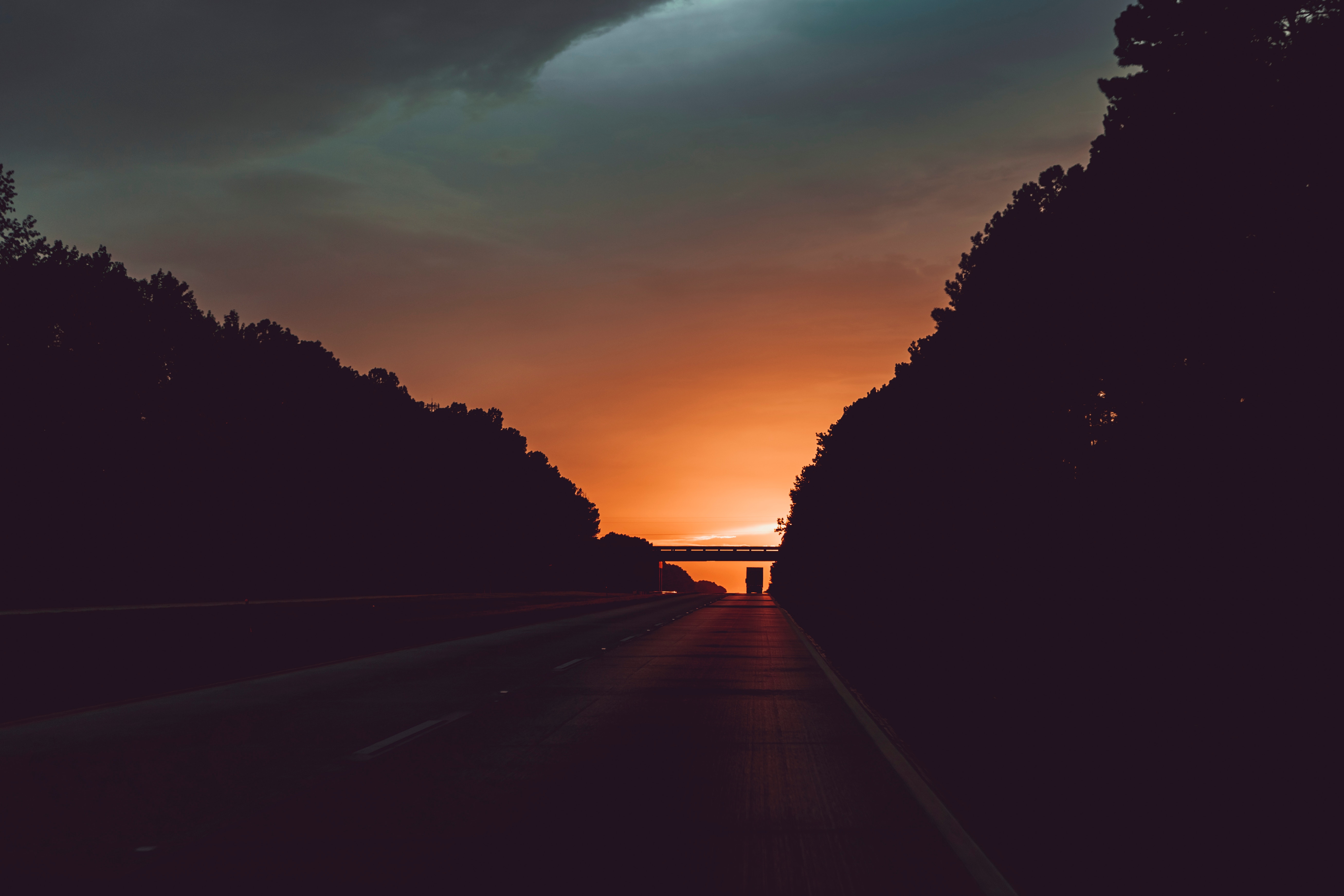 sunset, movement, twilight, dark, clouds, road, traffic, dusk HD wallpaper