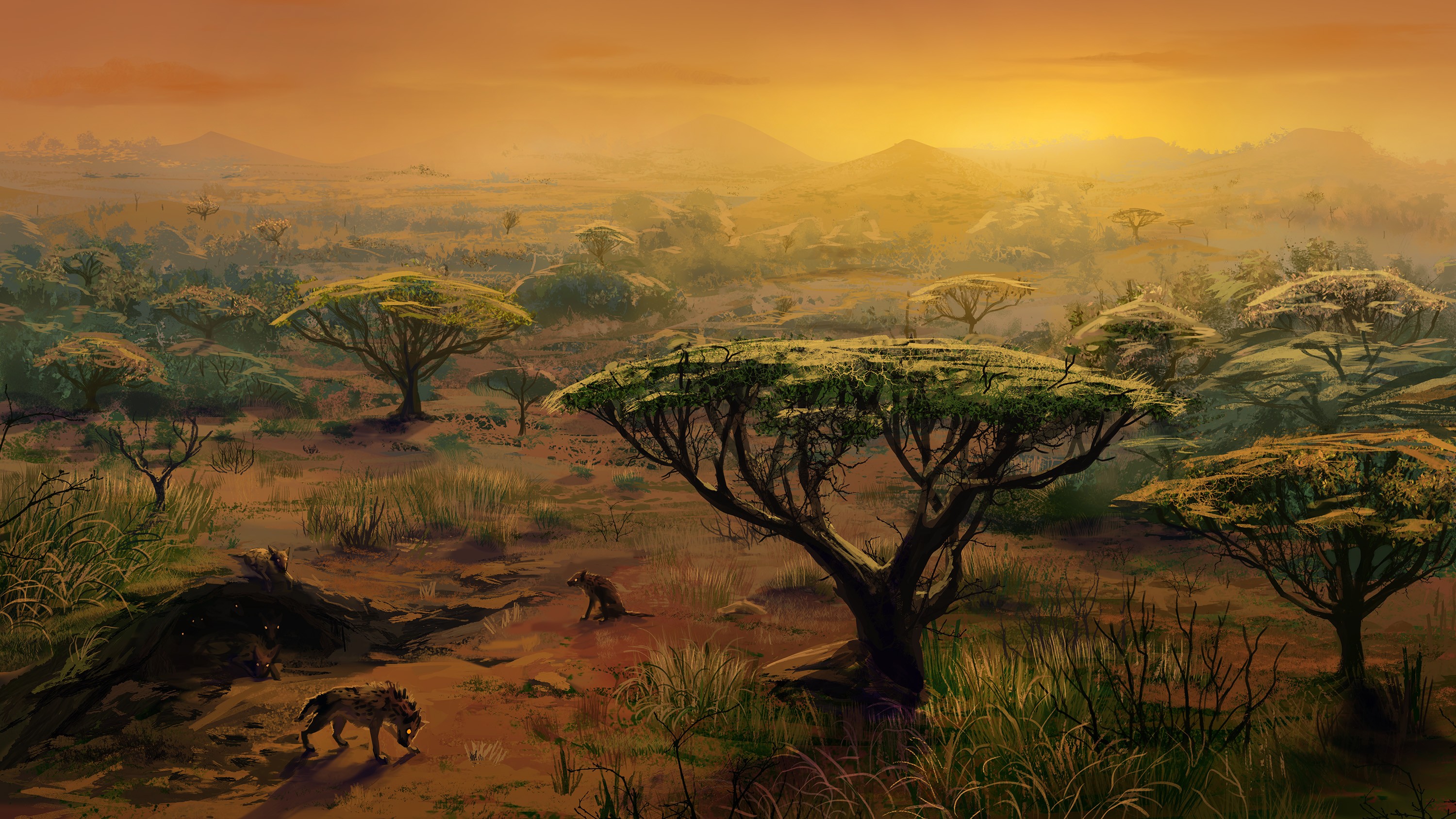 africa, artistic, painting, hyena, landscape, savannah, tree
