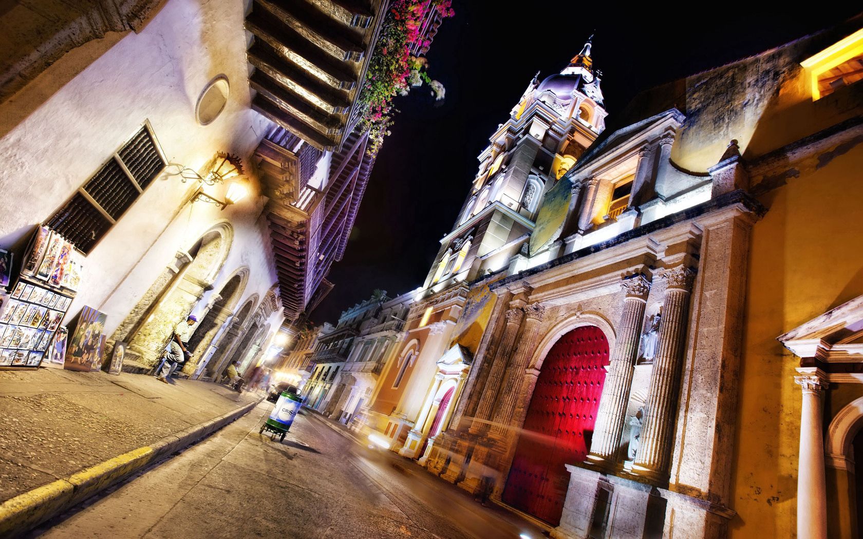 Handy-Wallpaper Städte, Straße, Cartagena, Kolumbien, Übernachtung, Street, Architektur kostenlos herunterladen.