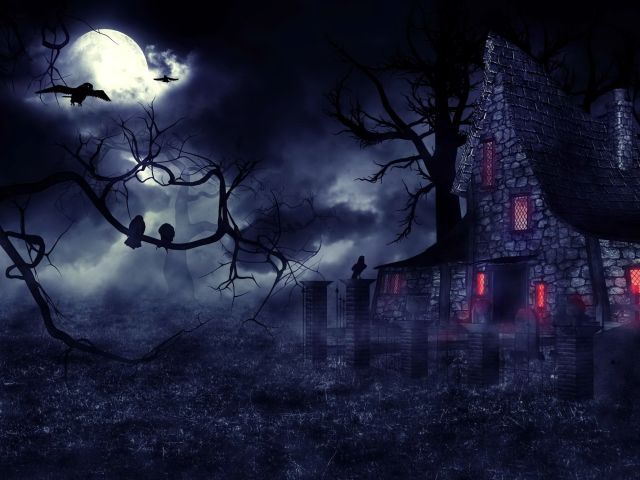 Download mobile wallpaper Night, Moon, Dark, House, Creepy, Raven, Haunted House for free.