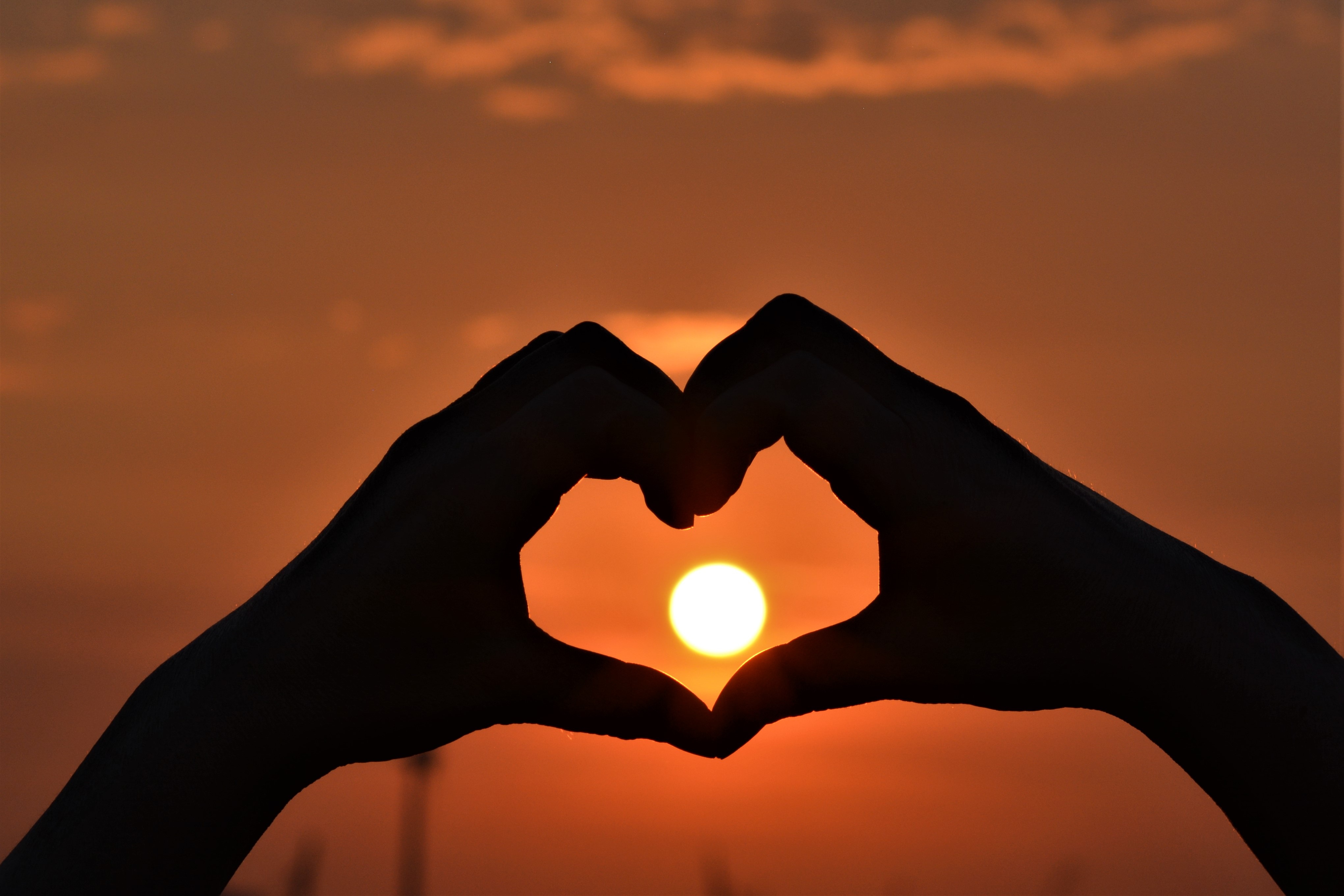 heart, love, sunset, hands, sun
