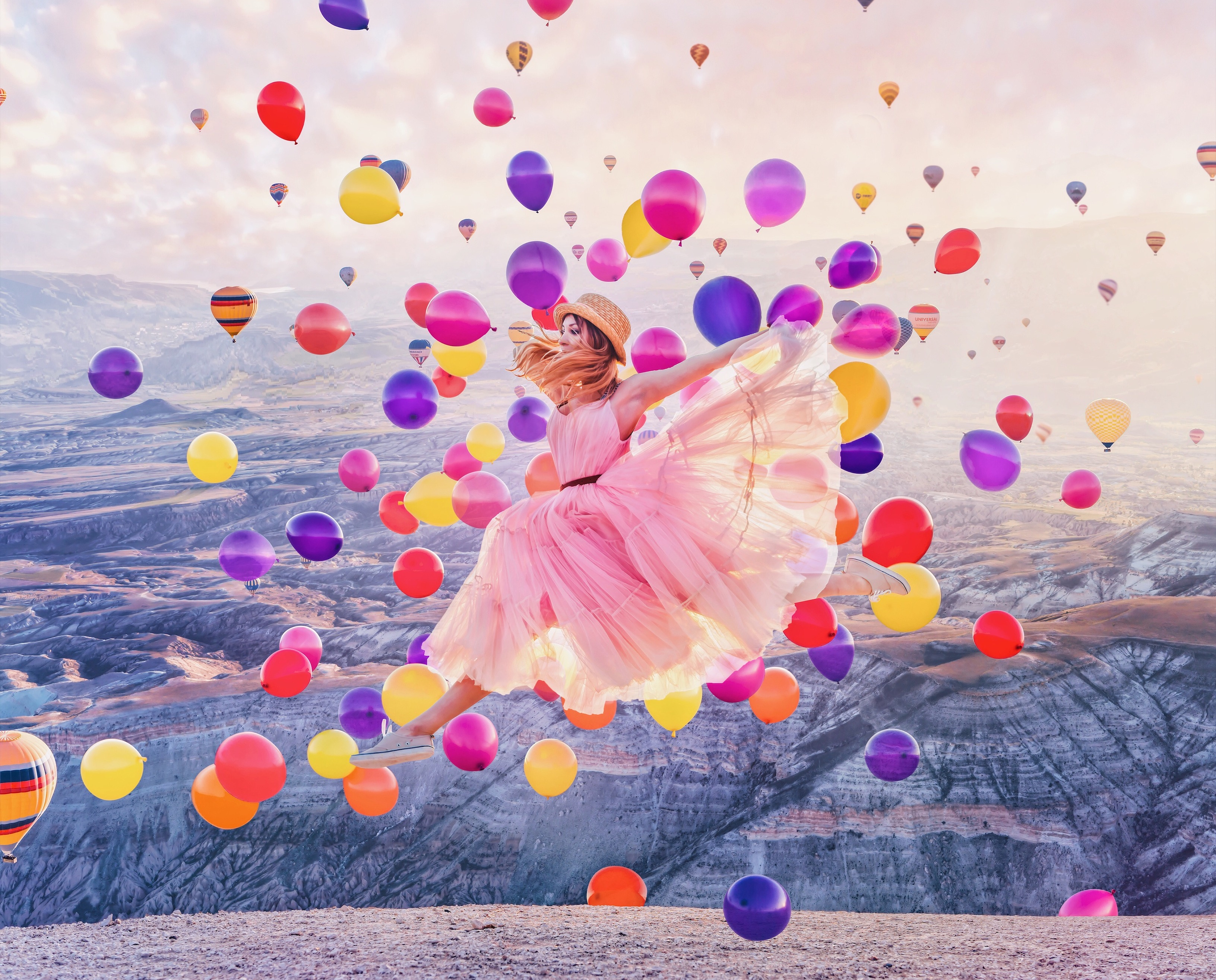 women, model, balloon, dress, hat, jump, pink dress, redhead iphone wallpaper