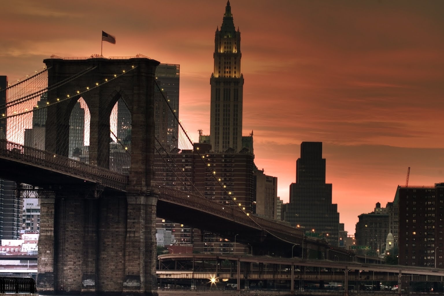 Free download wallpaper Shine, Light, Skyscrapers, Bridge, Sunset, New York, Cities on your PC desktop