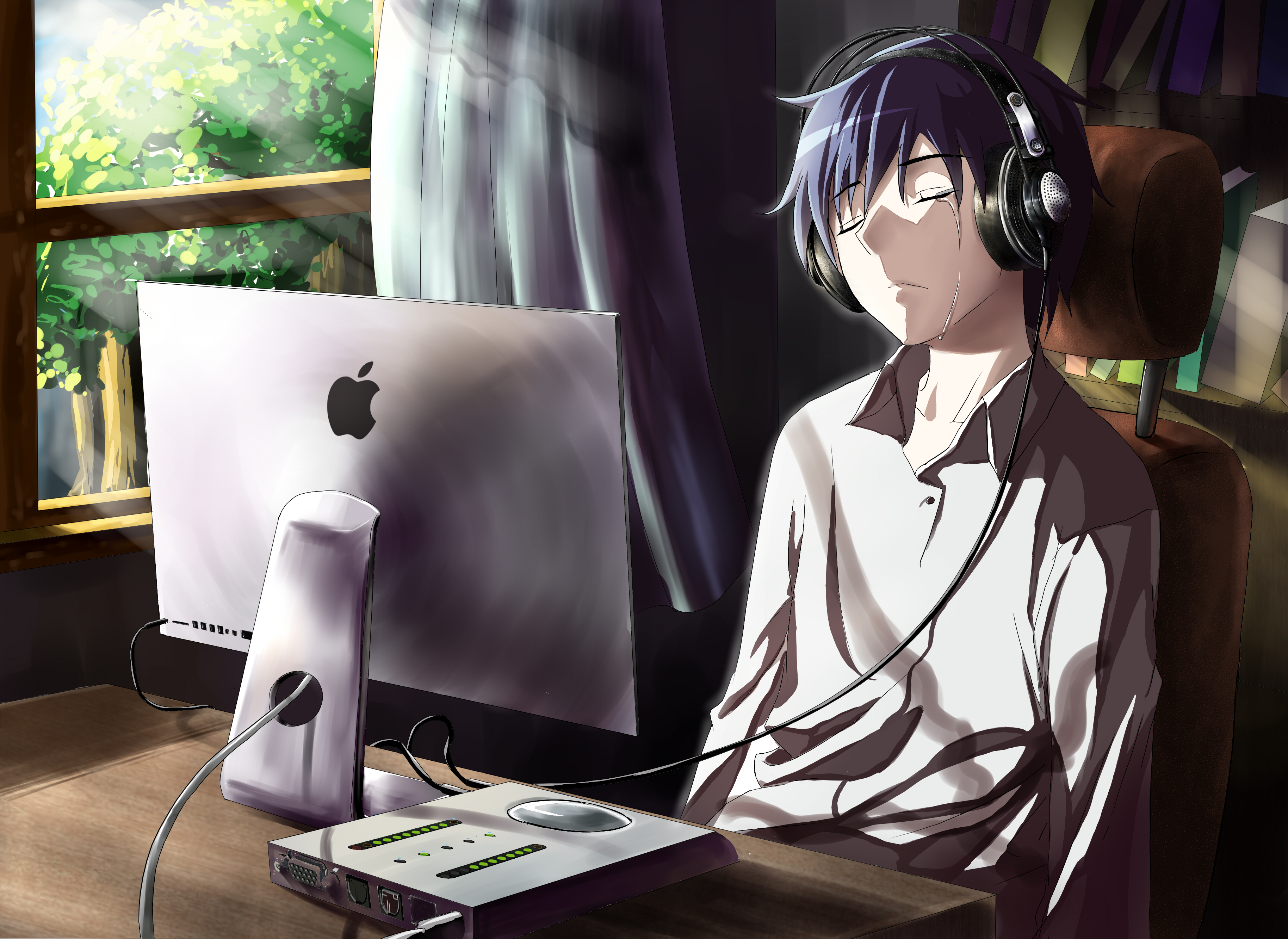 sad, anime, headphones, apple inc