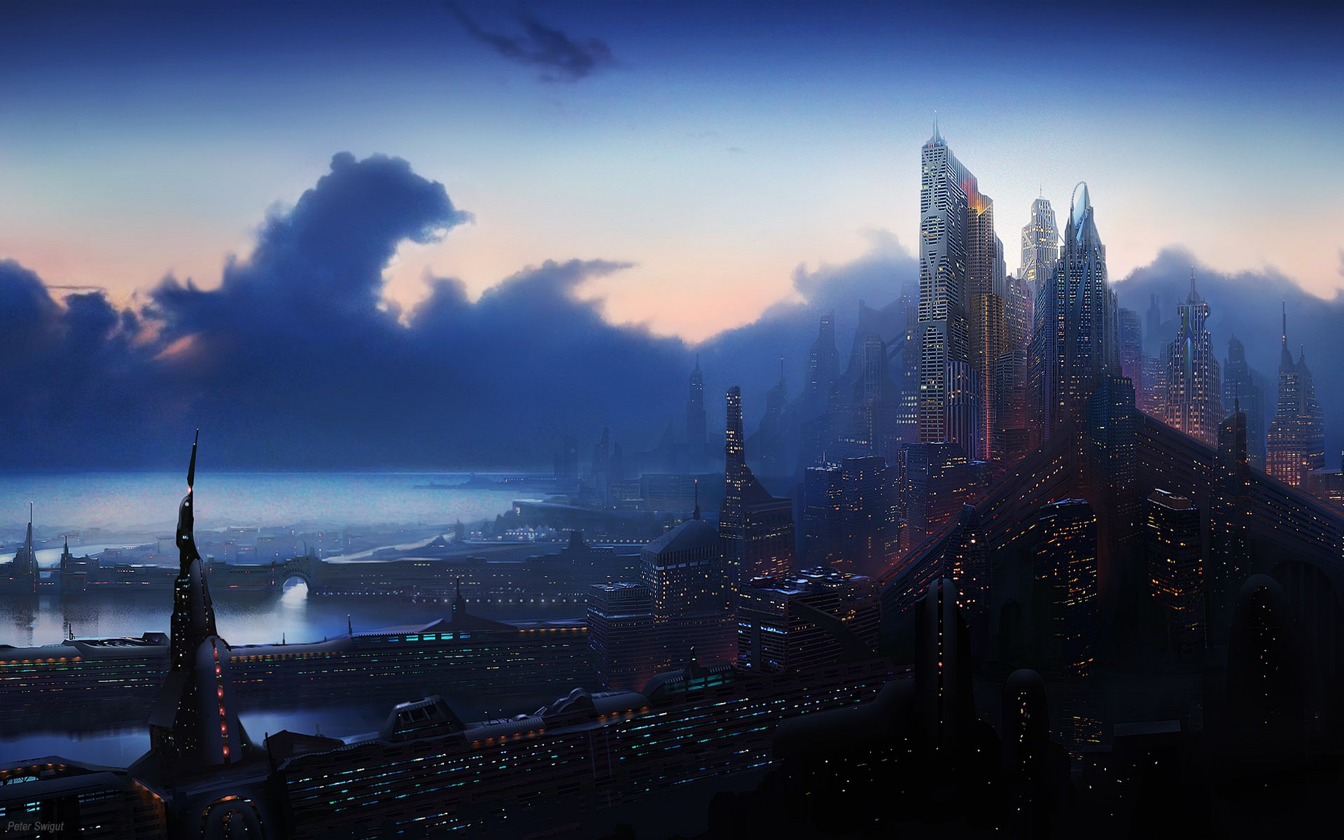 light, cityscape, cgi, sci fi, coastline, city, sunset 4K