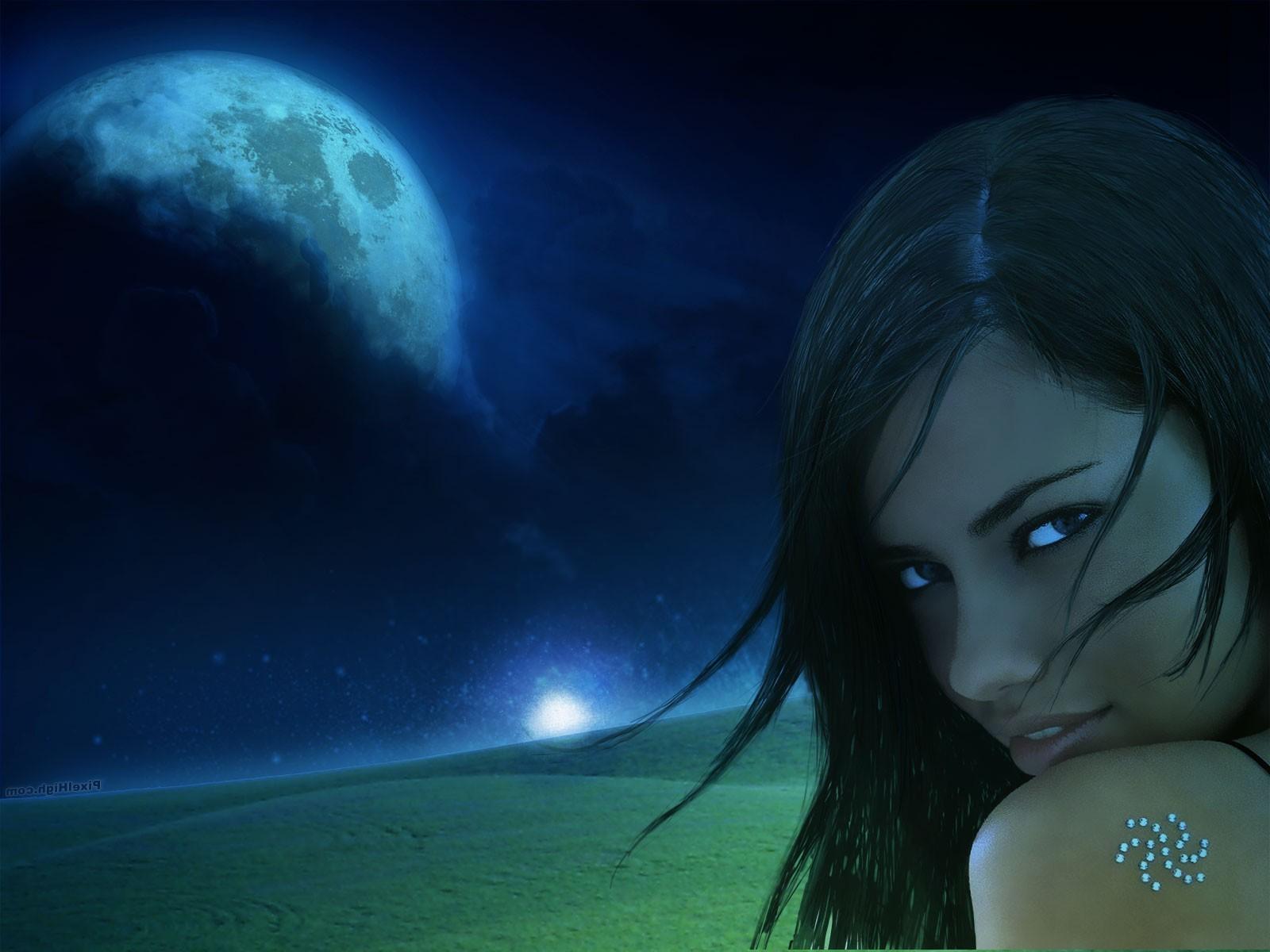 Лицо девушки на фоне Луны