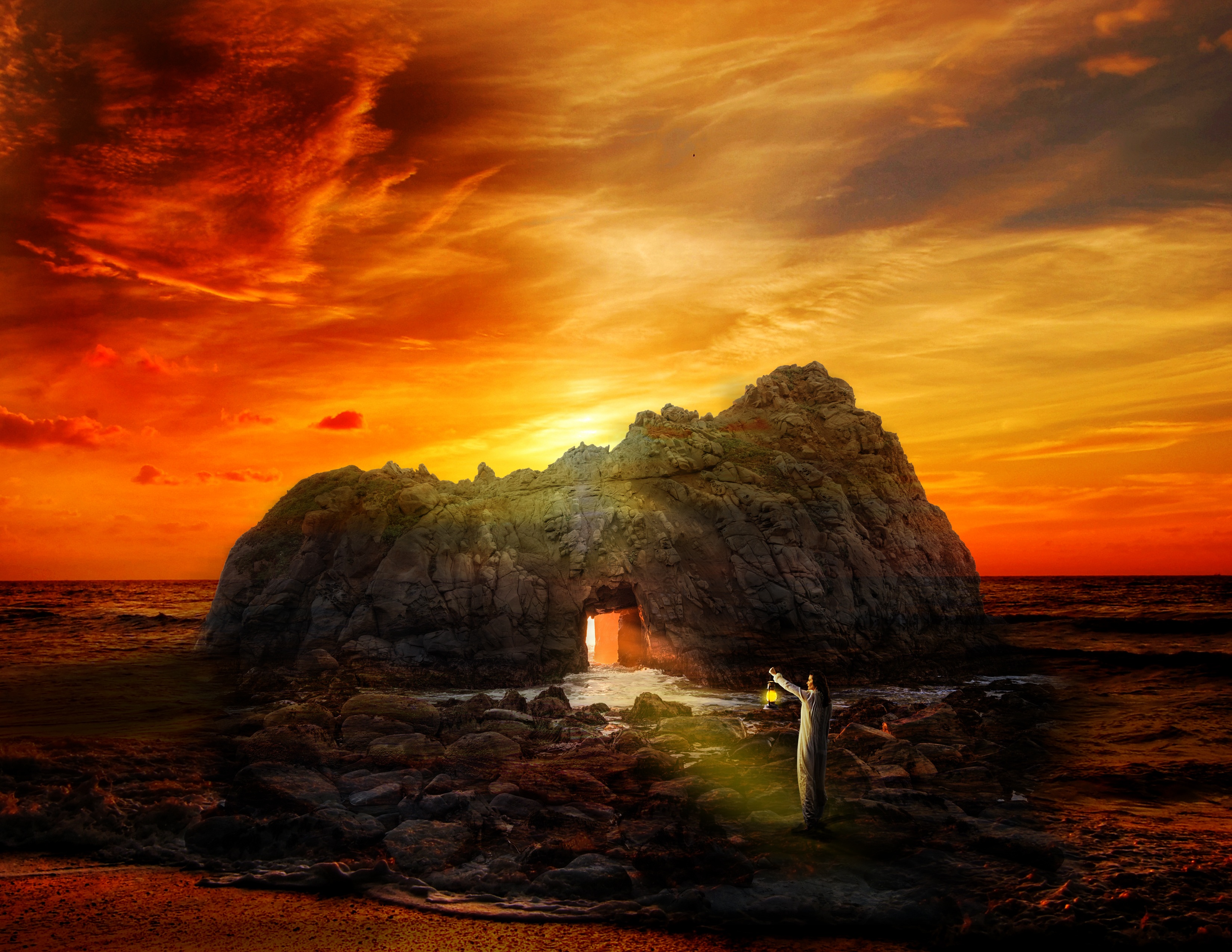 Free download wallpaper Fantasy, Rock, Human, Person, Cave, Lonely, Sea, Alone on your PC desktop