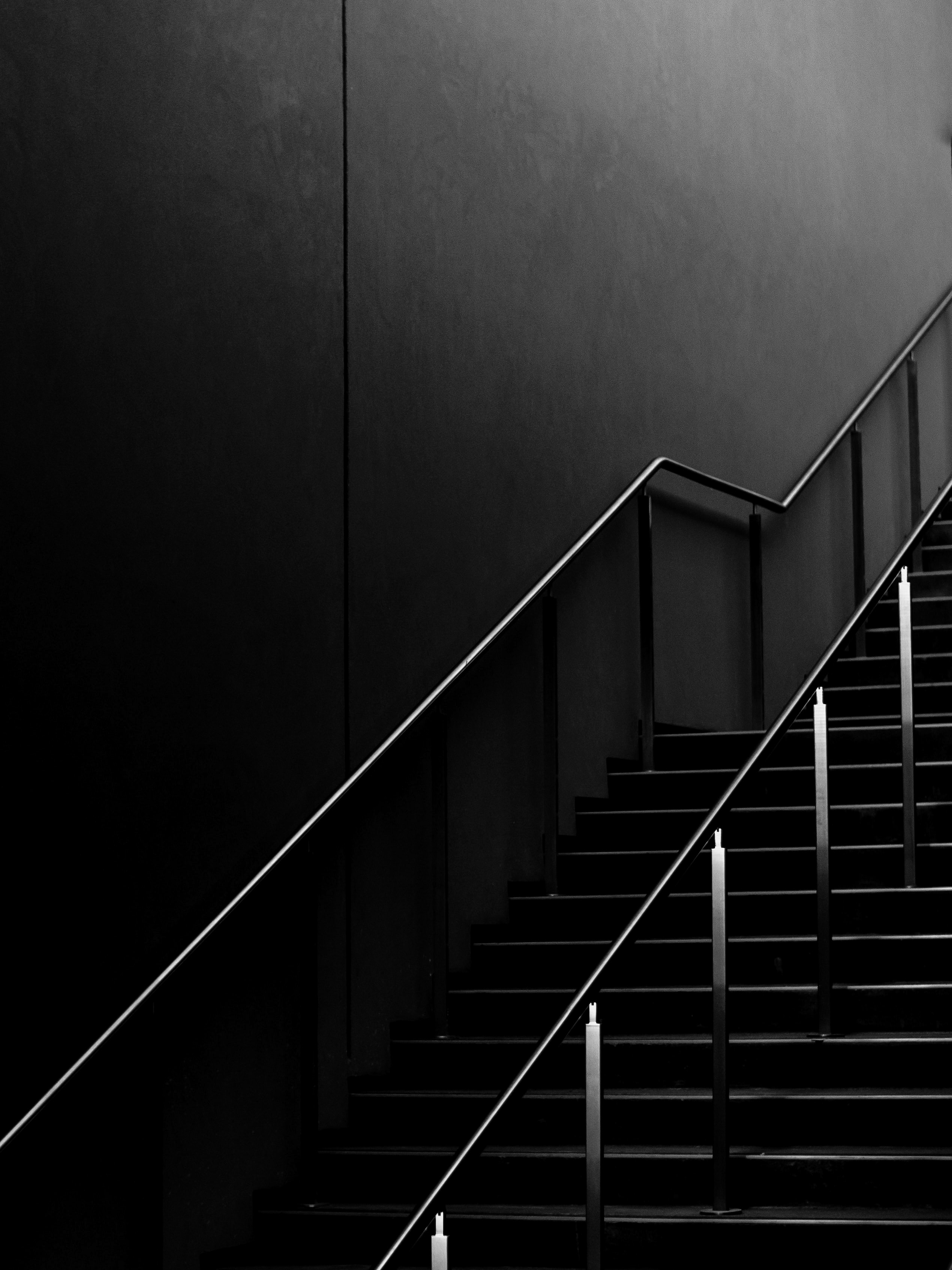 Download mobile wallpaper Handrail, Ladder, Railings, Stairs, Dark, Minimalism for free.