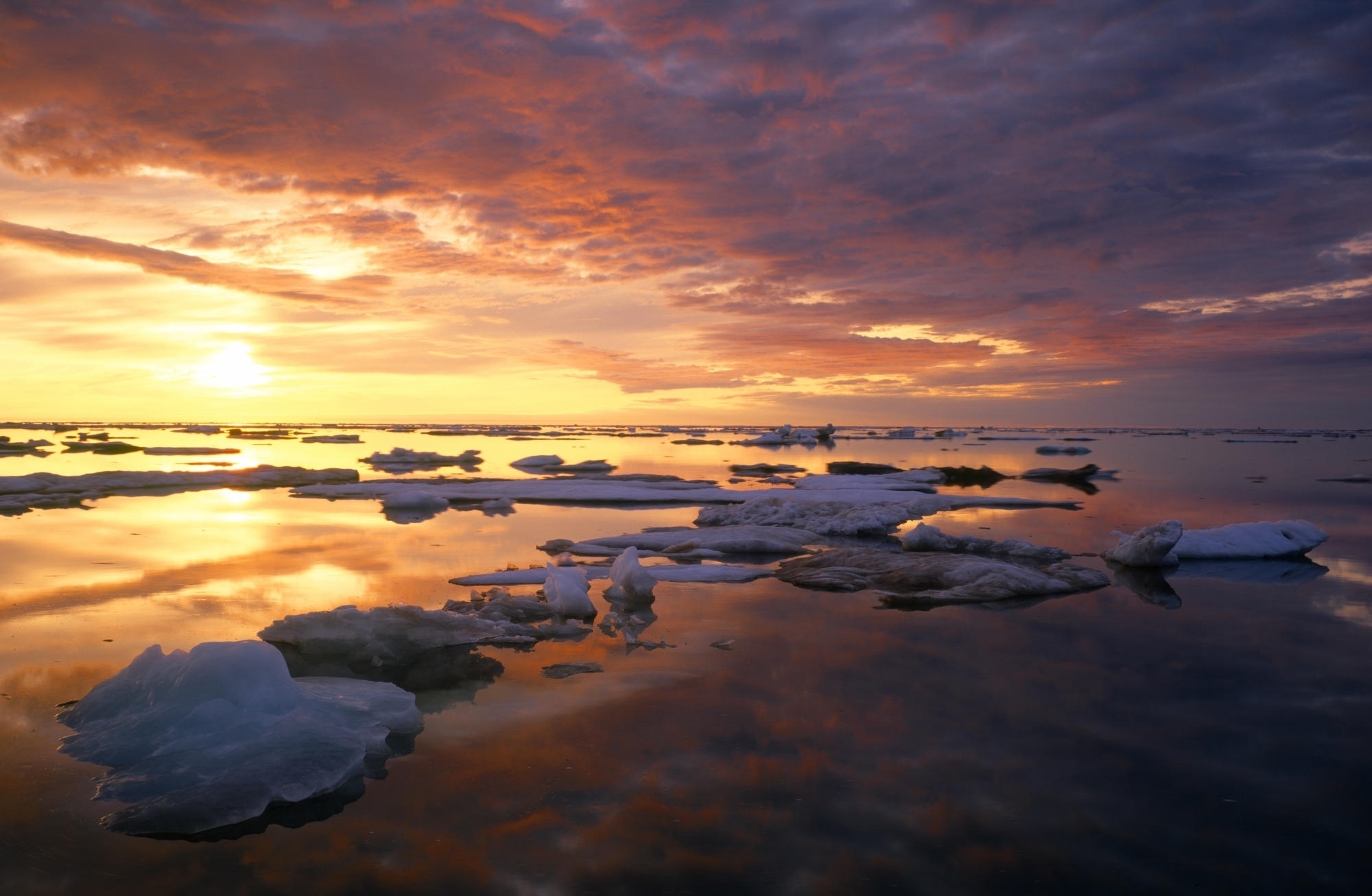 sunset, nature, water, ice, clouds, surface, strata