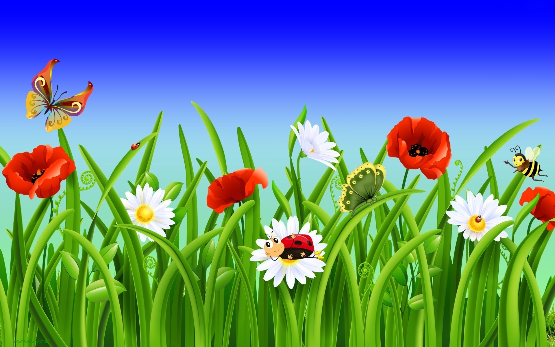 artistic, spring, bee, bug, butterfly, daisy, grass, poppy