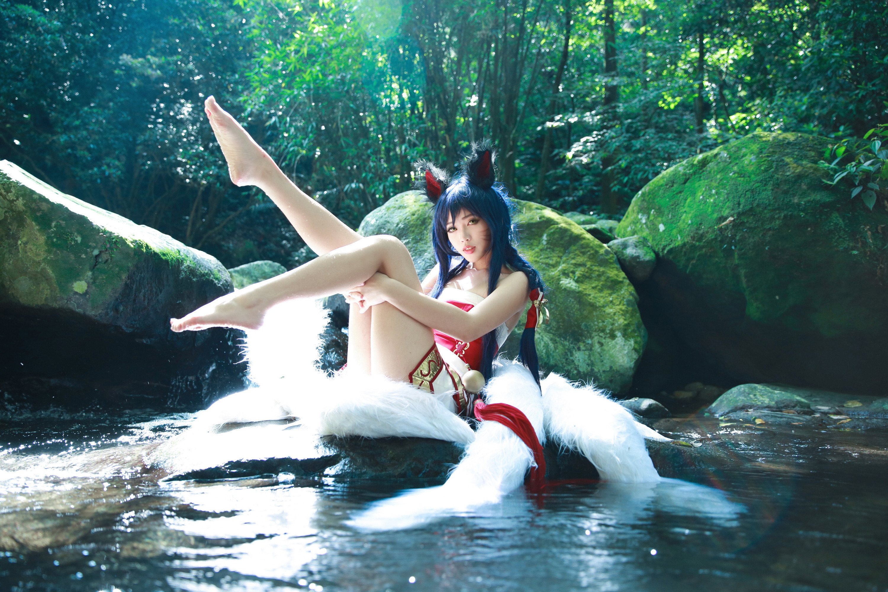 cosplay, ahri (league of legends), women, blue hair, league of legends, long hair for android