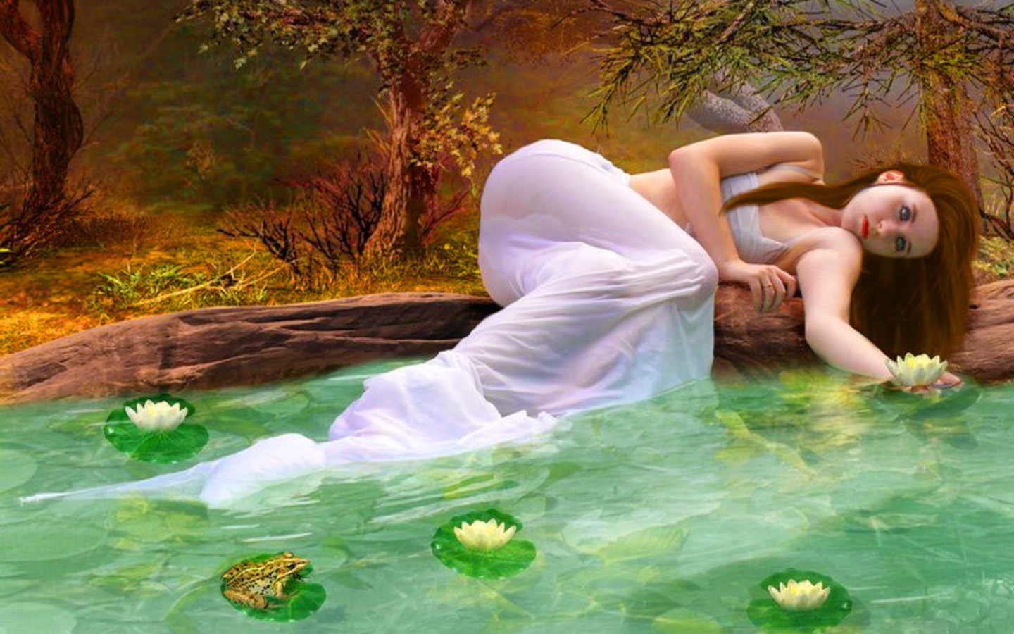 flower, fantasy, women, river, sleeping, tree Desktop Wallpaper