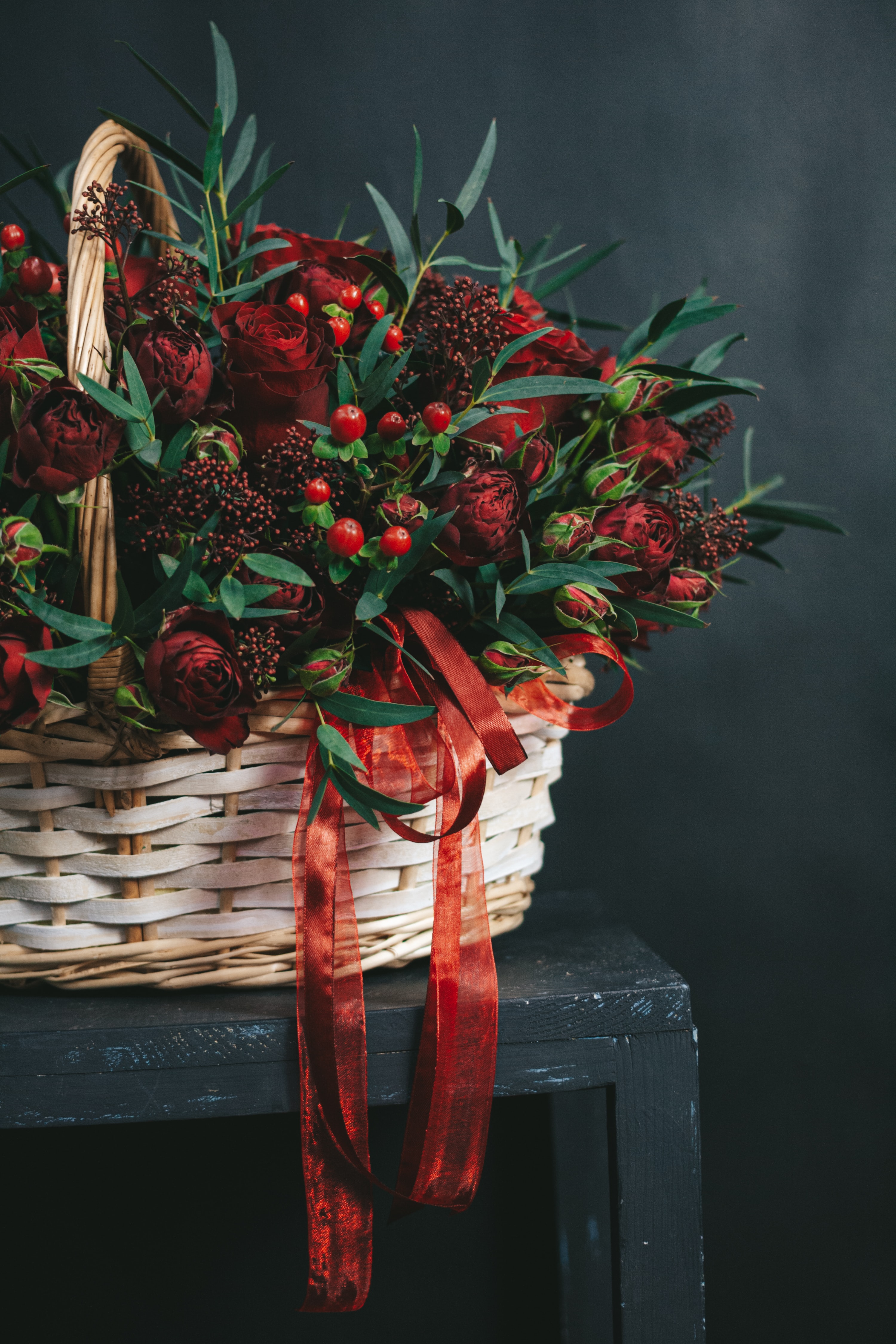 basket, flowers, berries, branches, bouquet Full HD