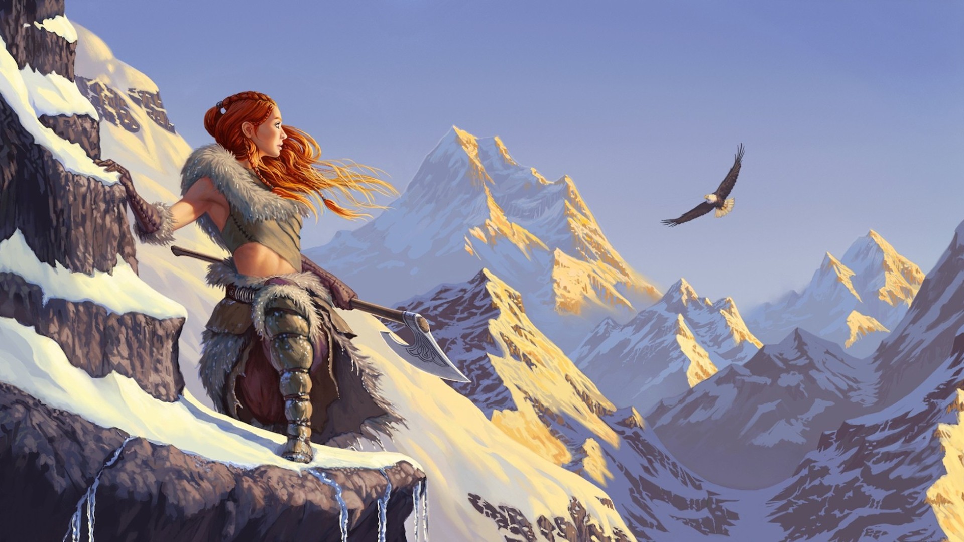 women warrior, fantasy, axe, eagle, flight, mountain Desktop home screen Wallpaper