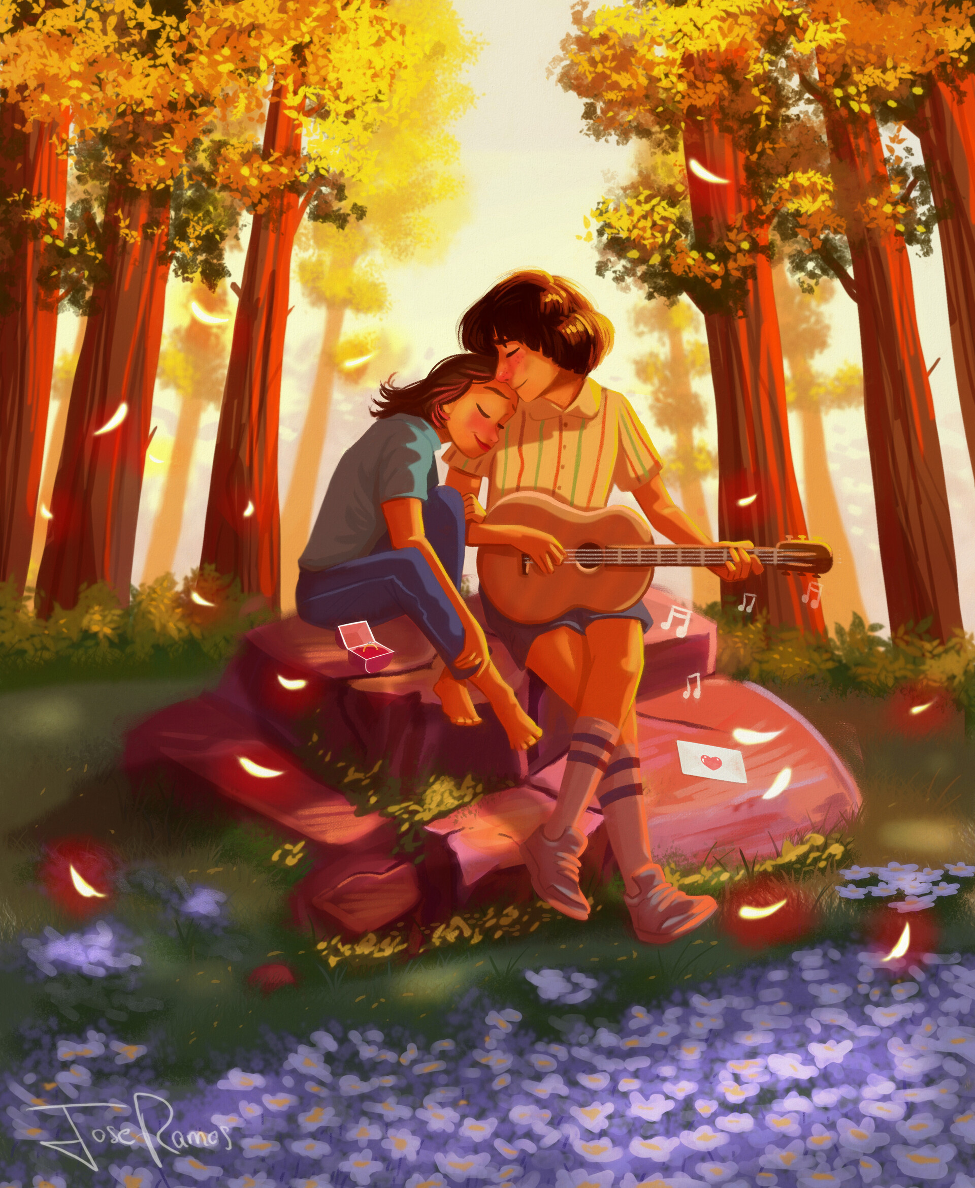 love, art, romance, couple, guitar, pair, embrace for android